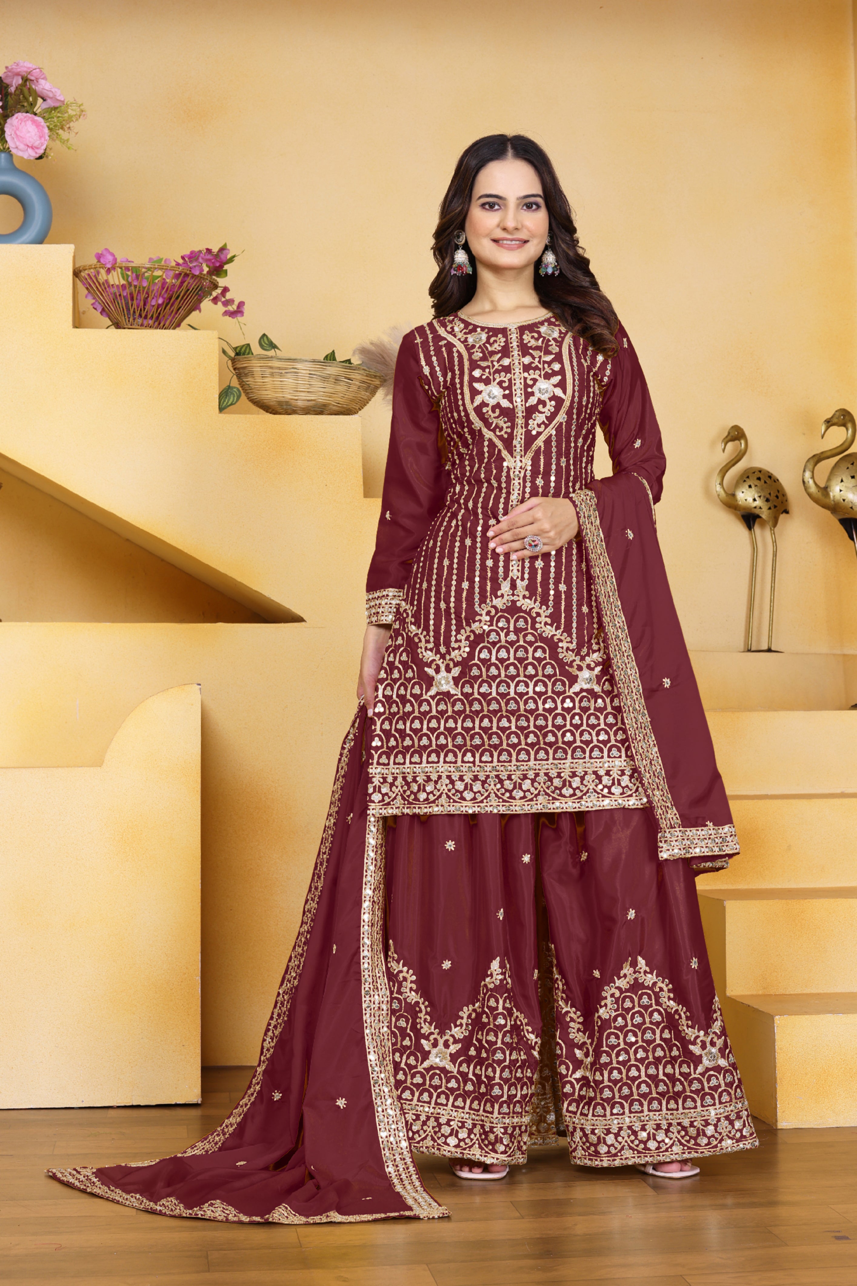 Embroidered Natural Crepe Sharara Suit