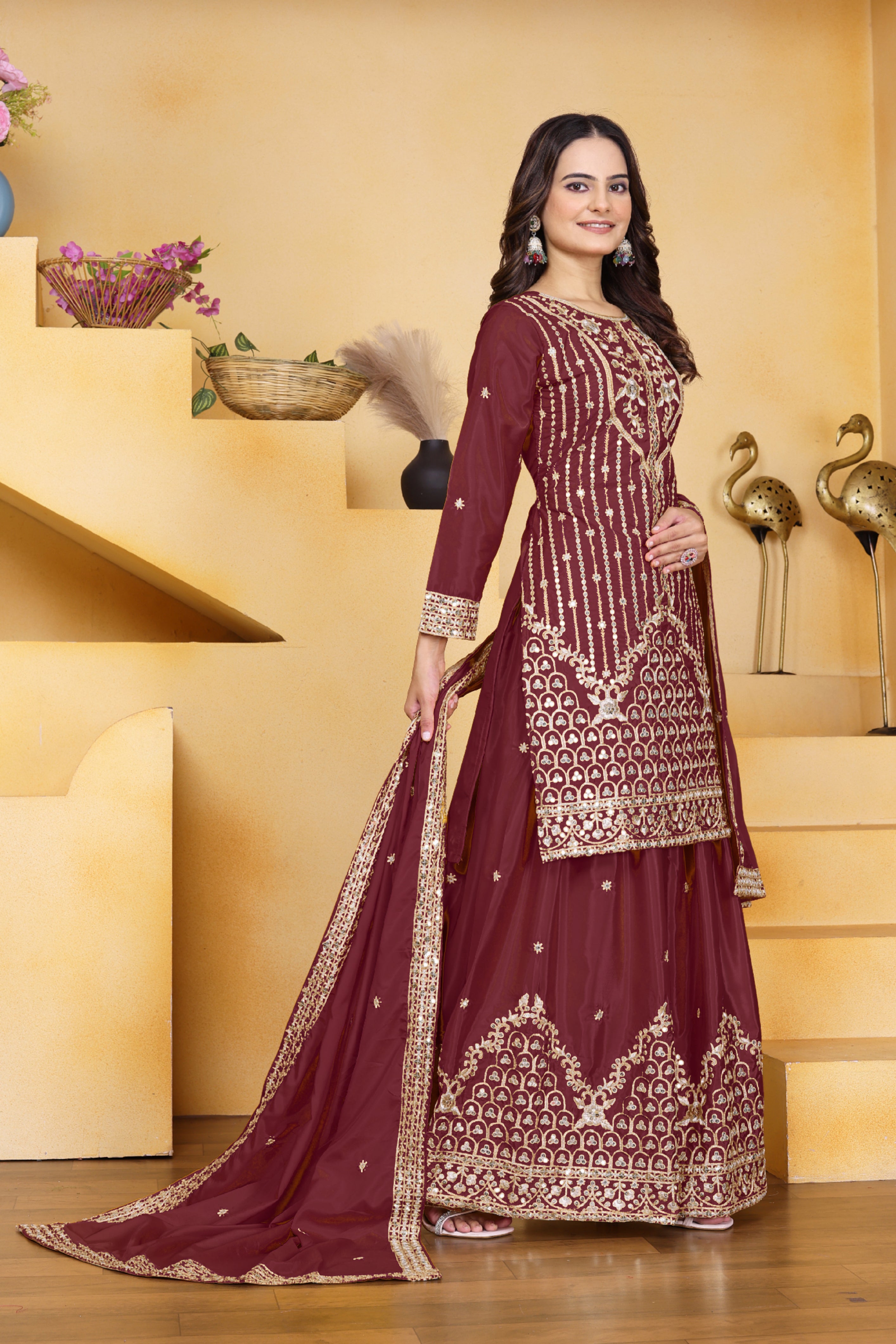 Embroidered Natural Crepe Sharara Suit
