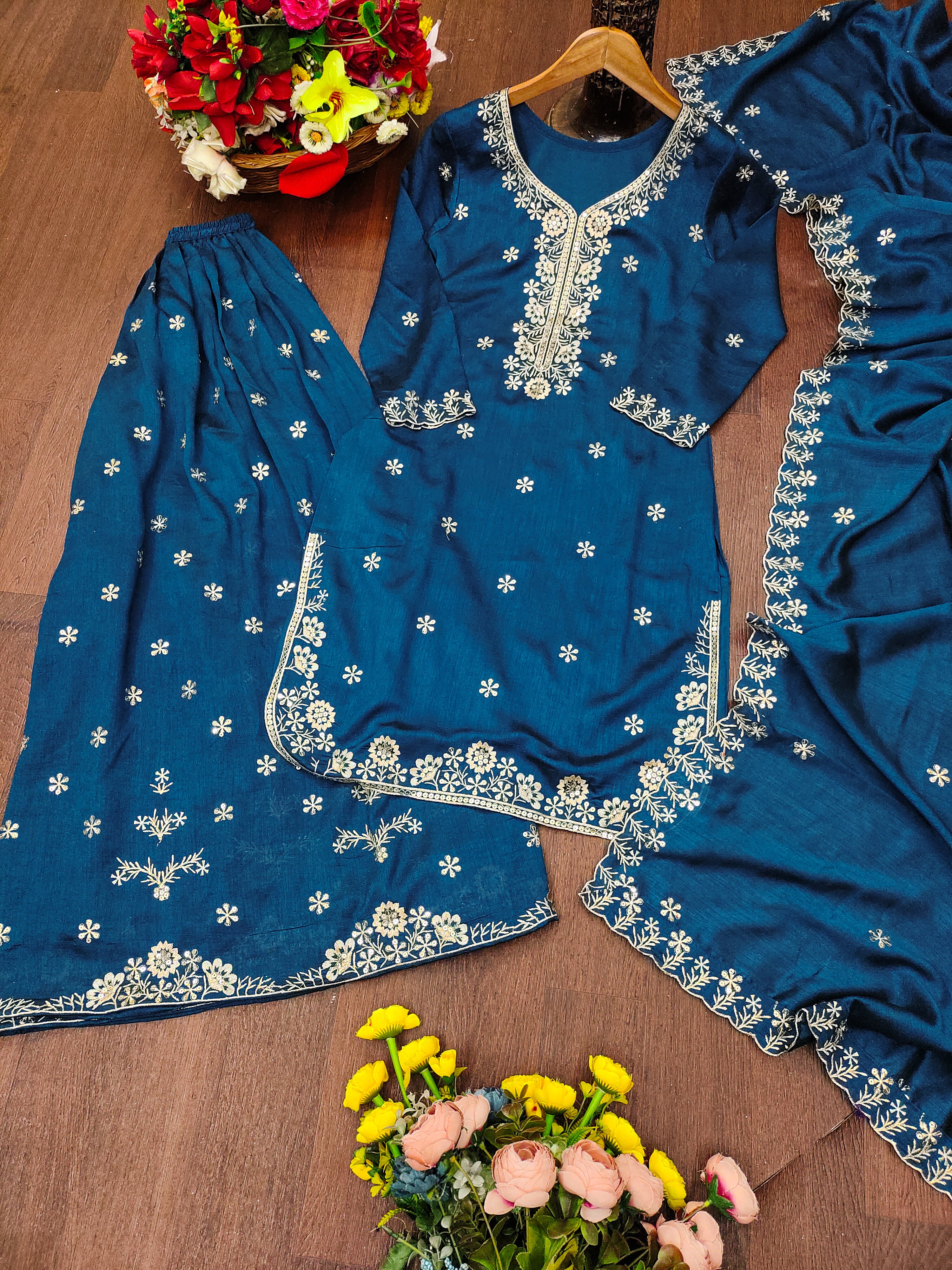 Embroidered Vichitra Silk Sharara Suit