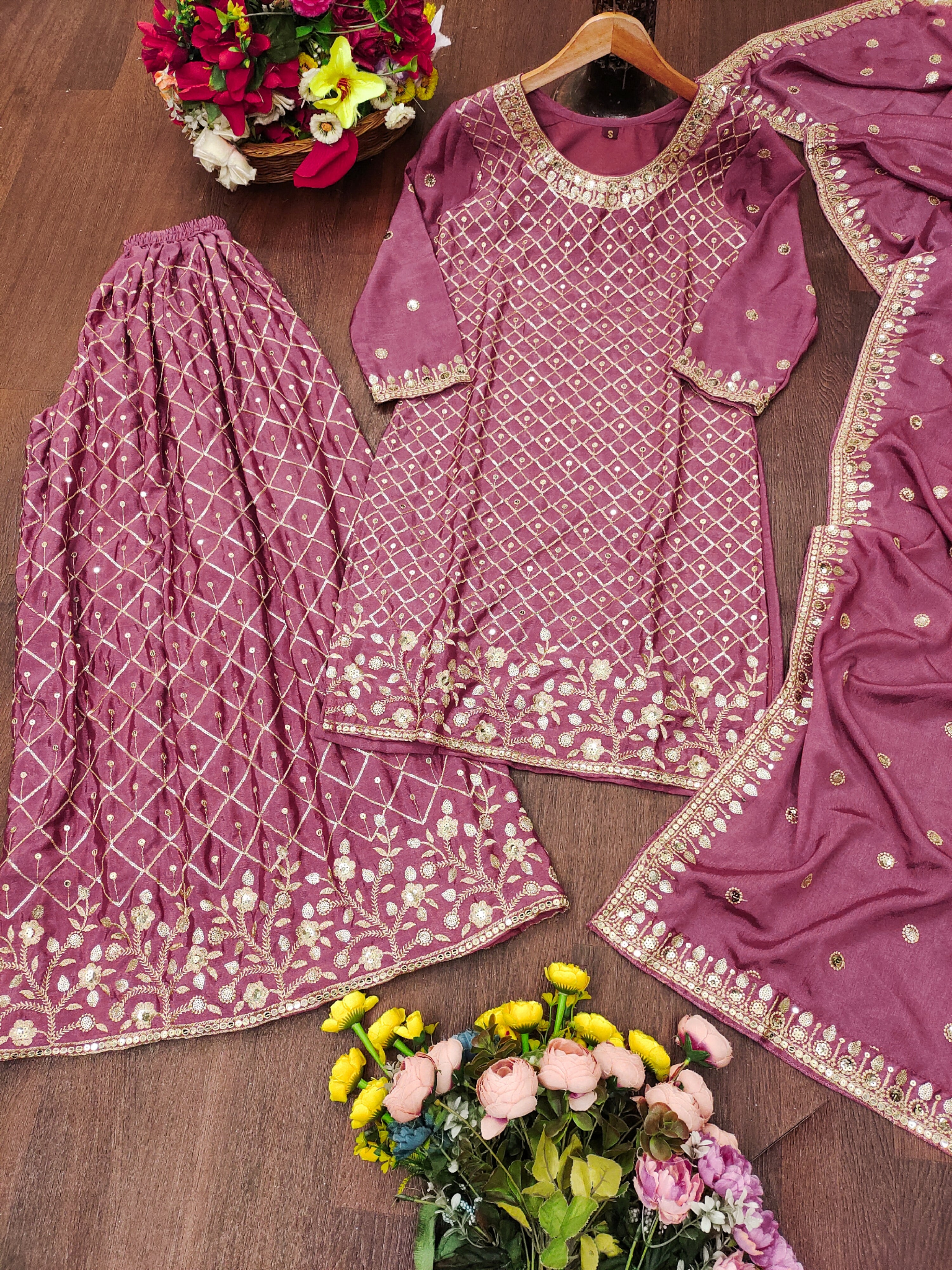 Embroidered Chinon Sharara Suit