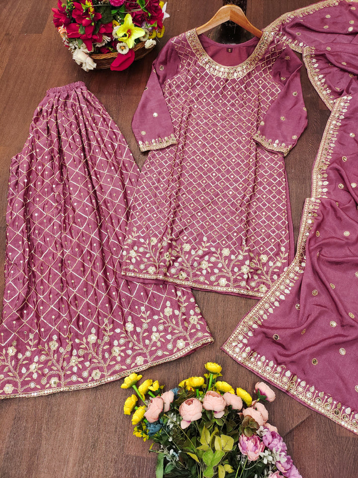 Embroidered Chinon Sharara Suit