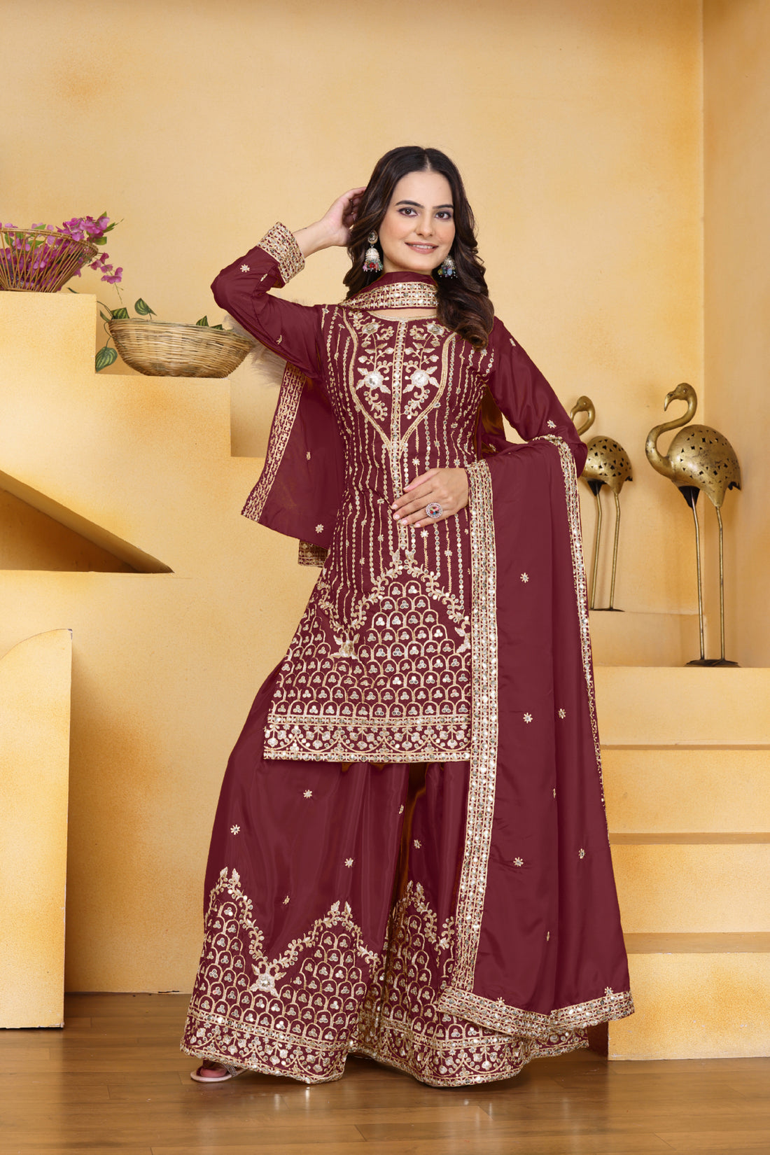 Embroidered Natural Crepe Sharara Suit