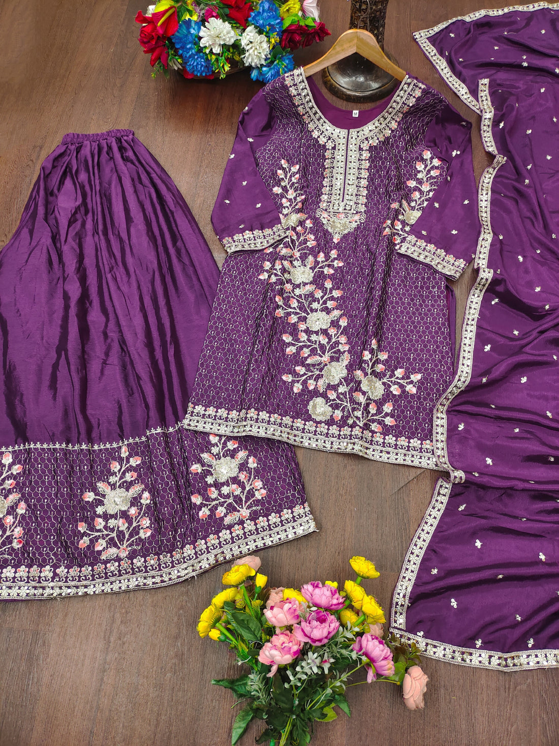 Embroidered Chinon Sharara Suit