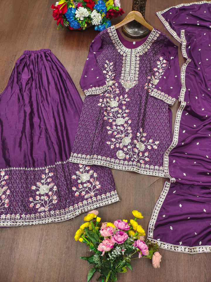 Embroidered Chinon Sharara Suit