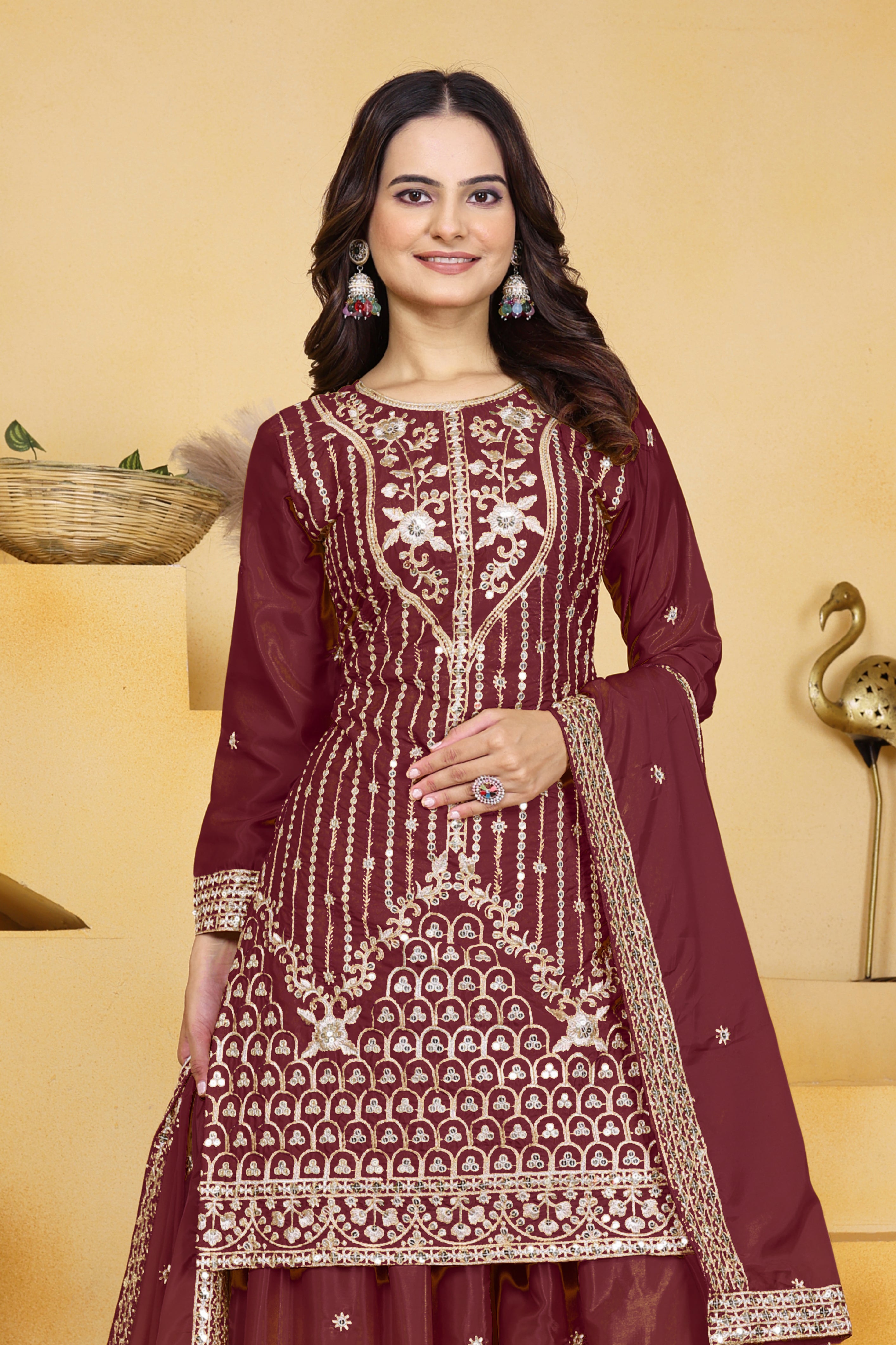 Embroidered Natural Crepe Sharara Suit