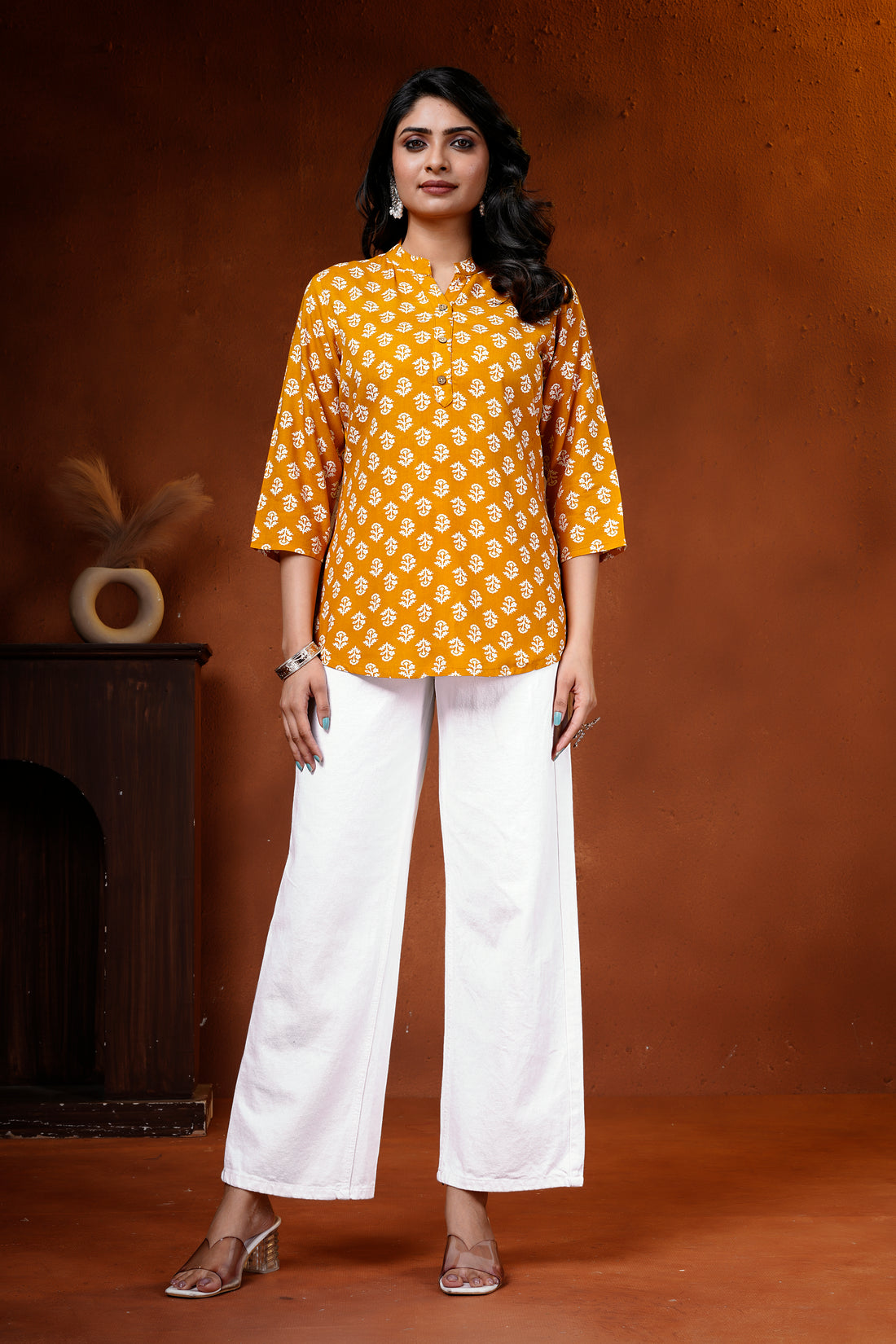 Mustard Floral Cotton Short Kurti