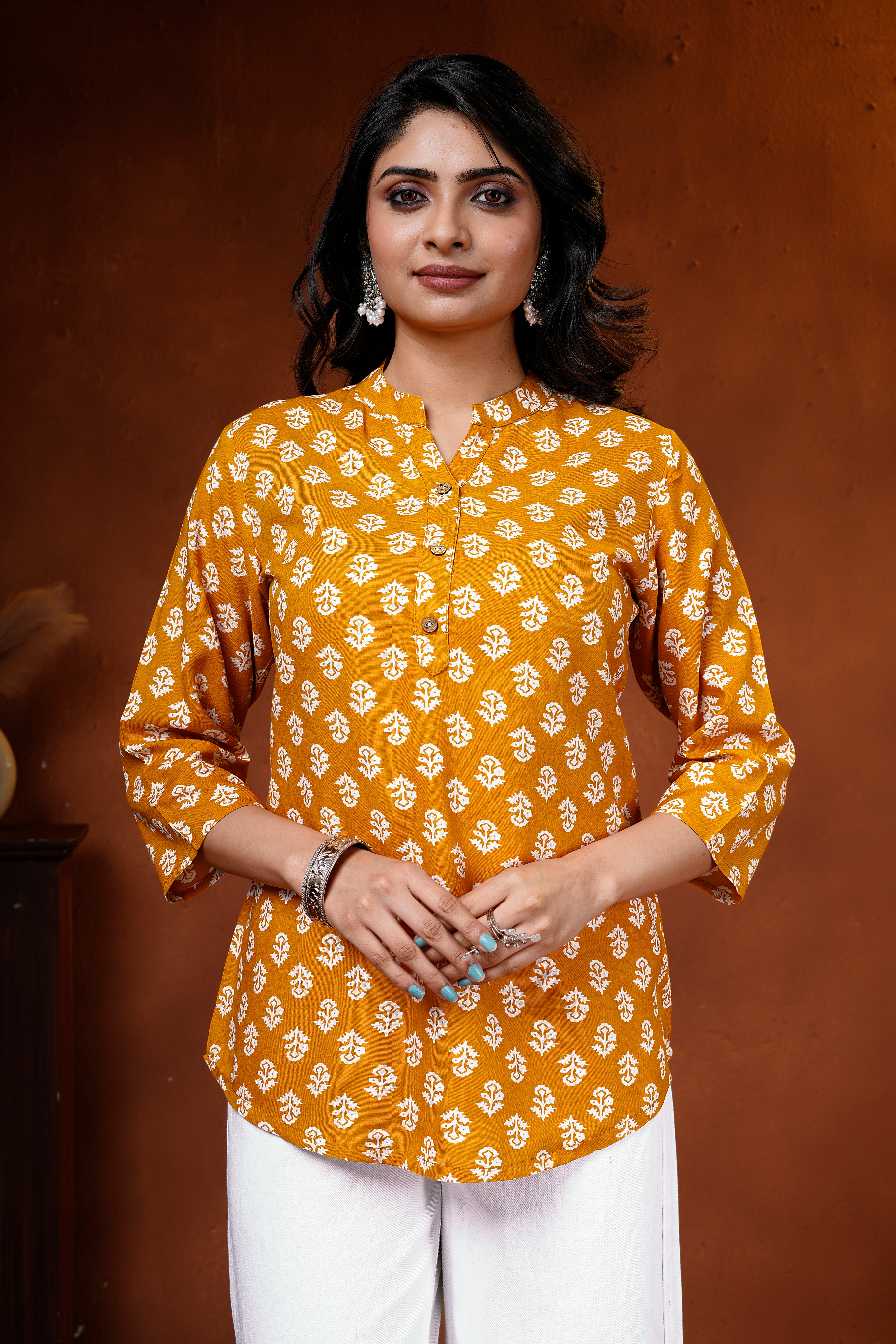 Mustard Floral Cotton Short Kurti