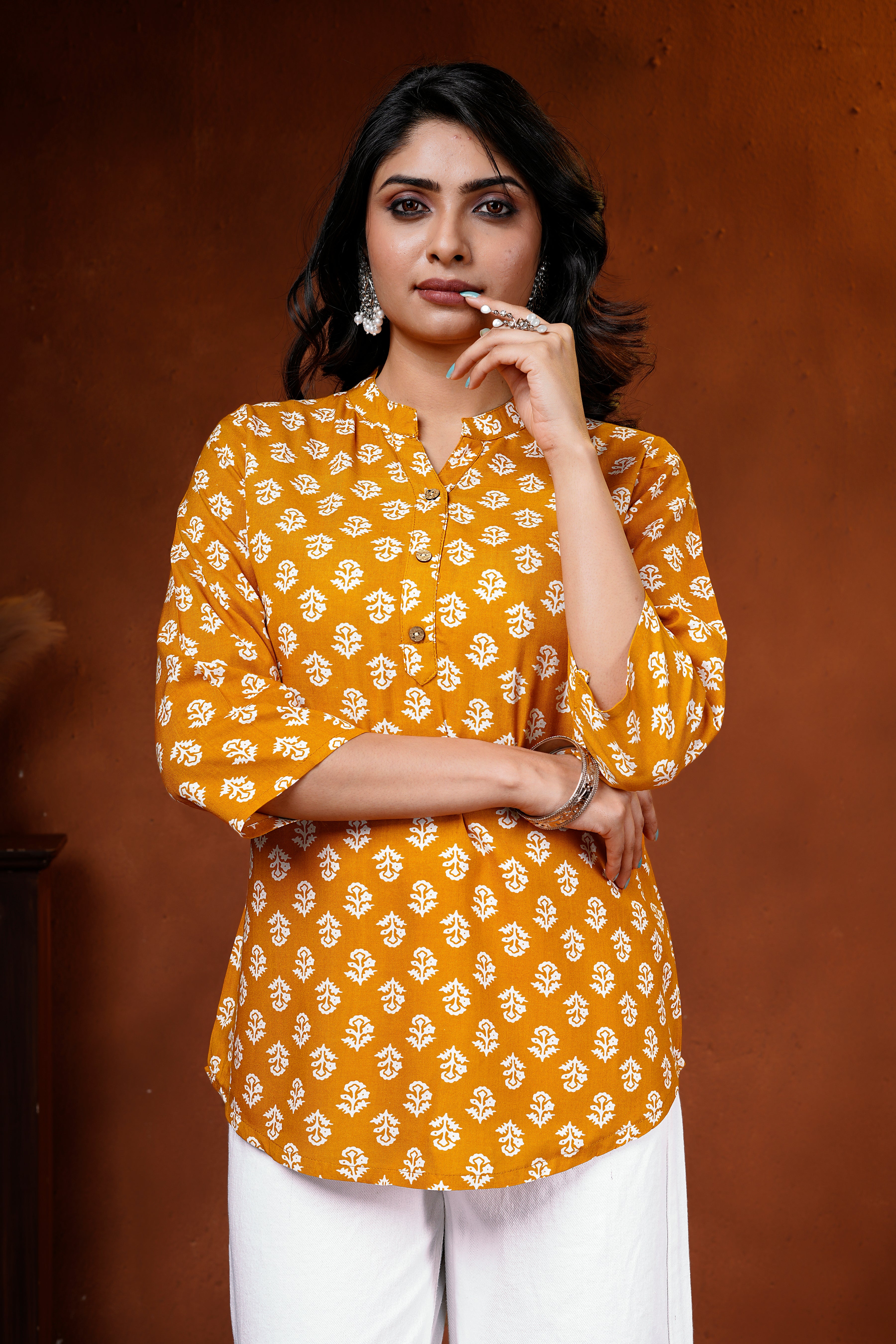 Mustard Floral Cotton Short Kurti