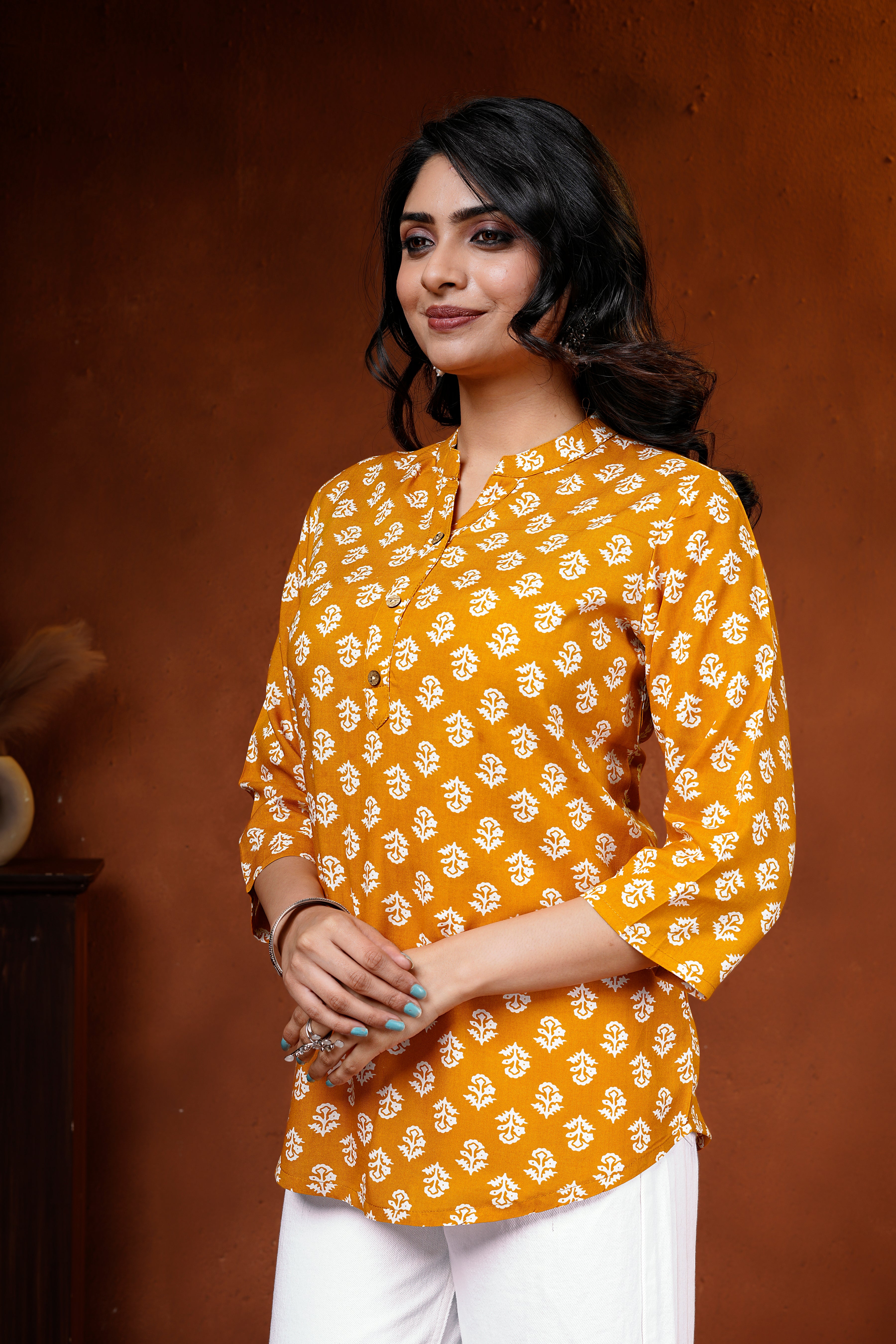 Mustard Floral Cotton Short Kurti