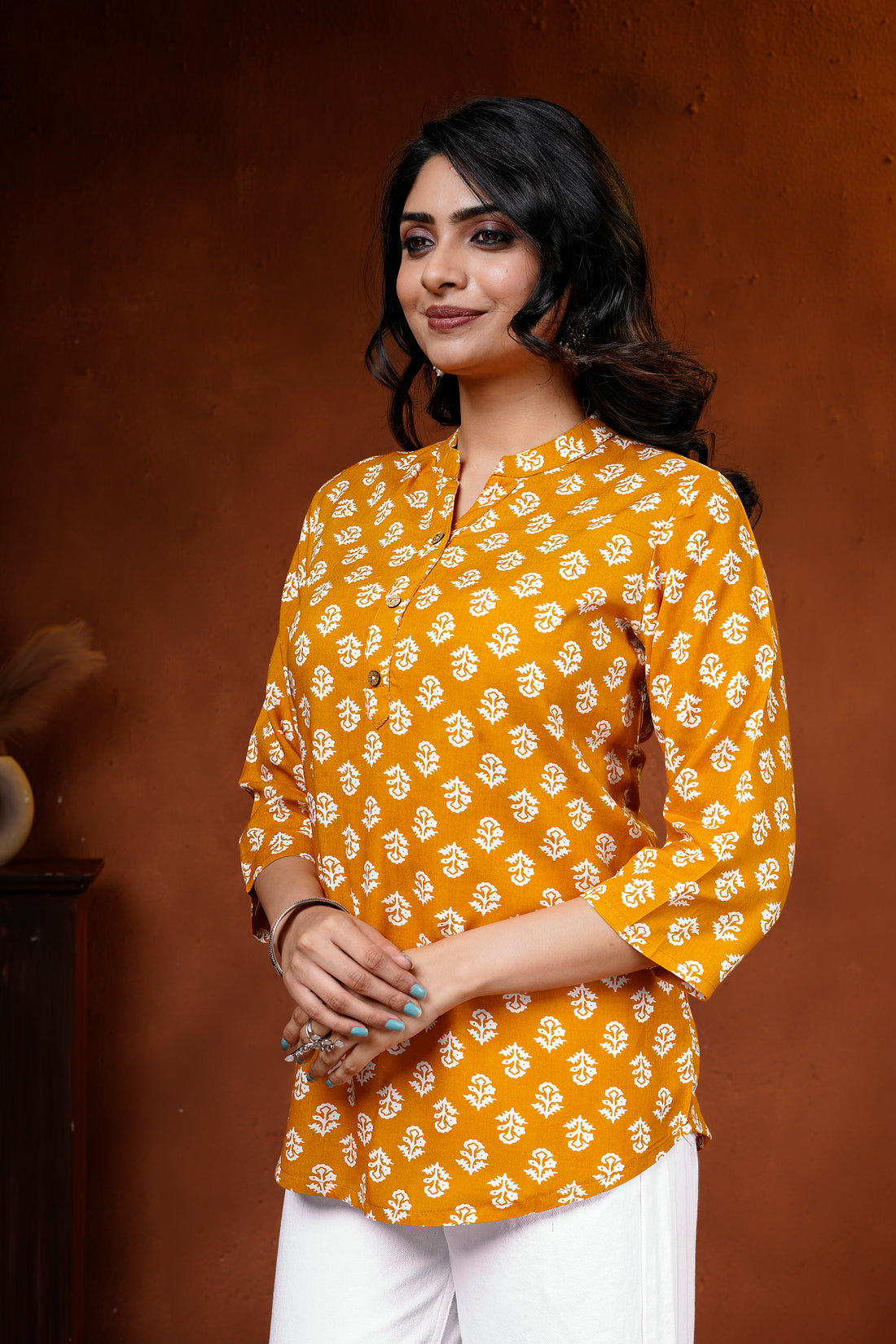 Mustard Floral Cotton Short Kurti