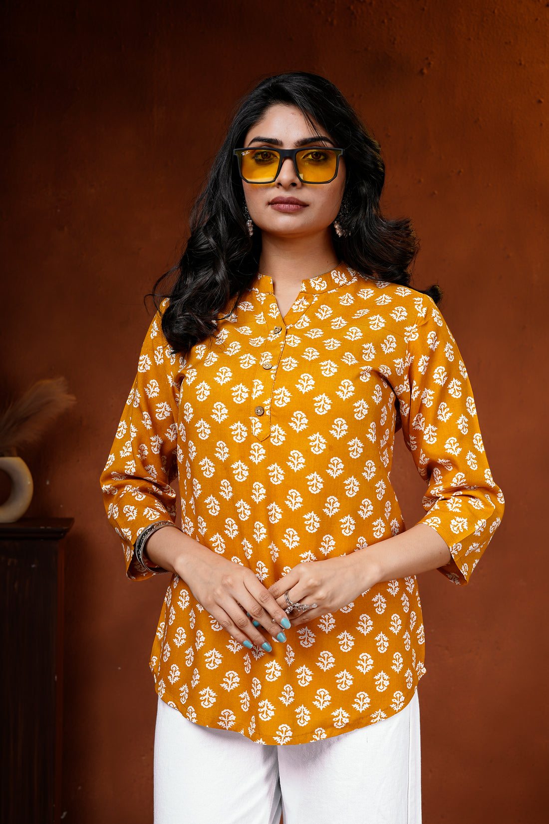 Mustard Floral Cotton Short Kurti