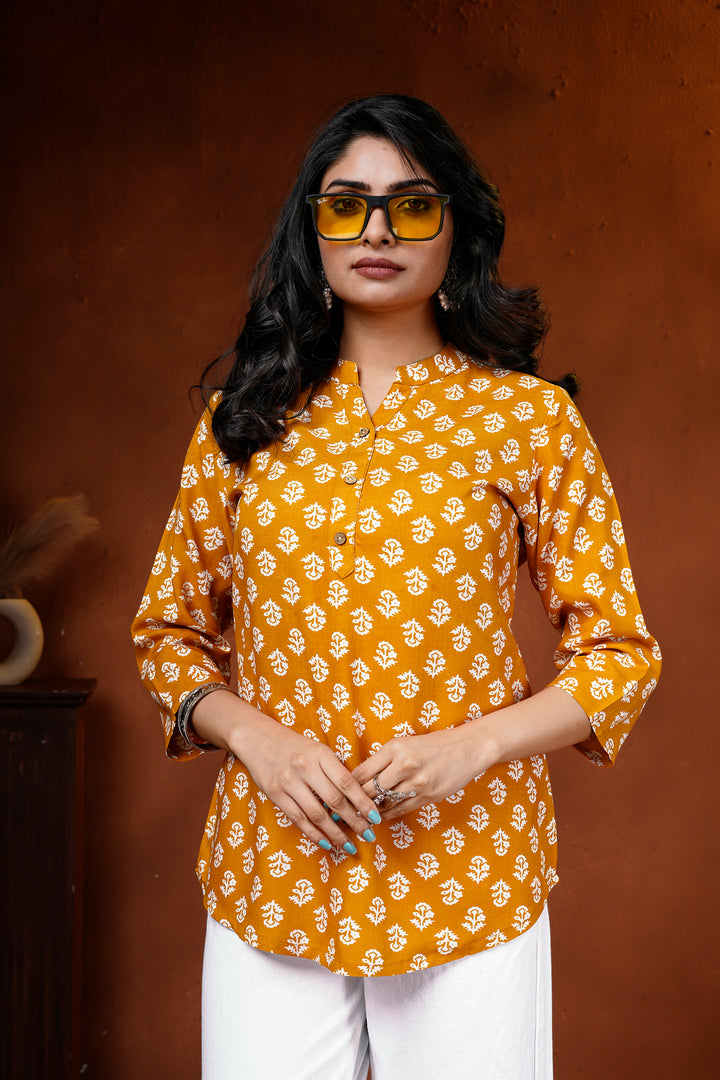 Mustard Floral Cotton Short Kurti