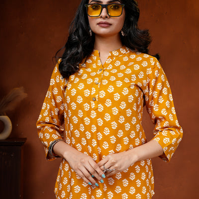 Mustard Floral Cotton Short Kurti