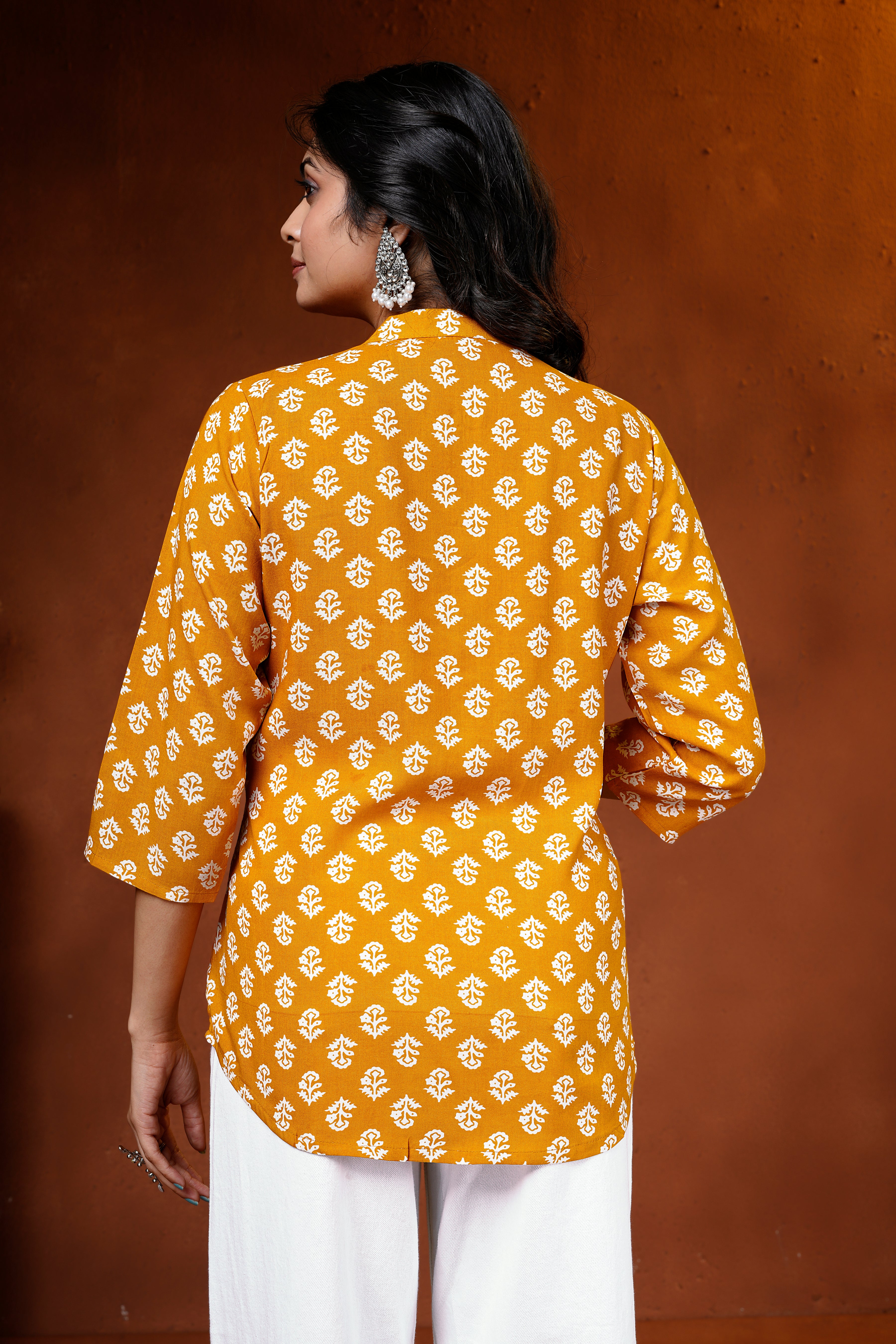 Mustard Floral Cotton Short Kurti
