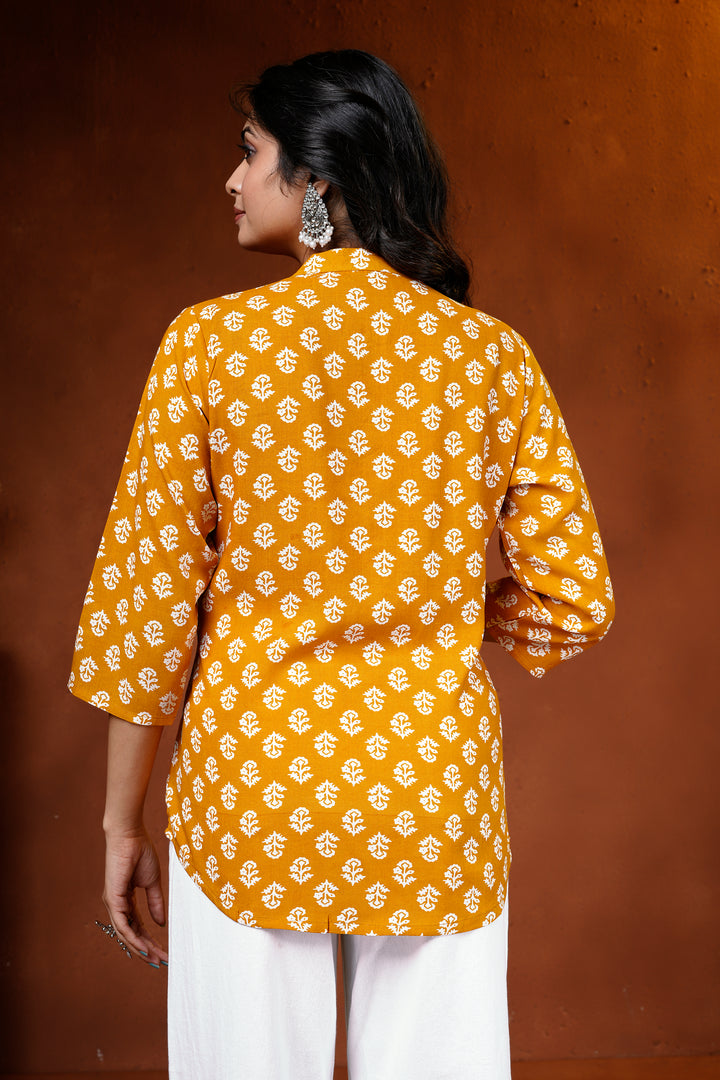 Mustard Floral Cotton Short Kurti