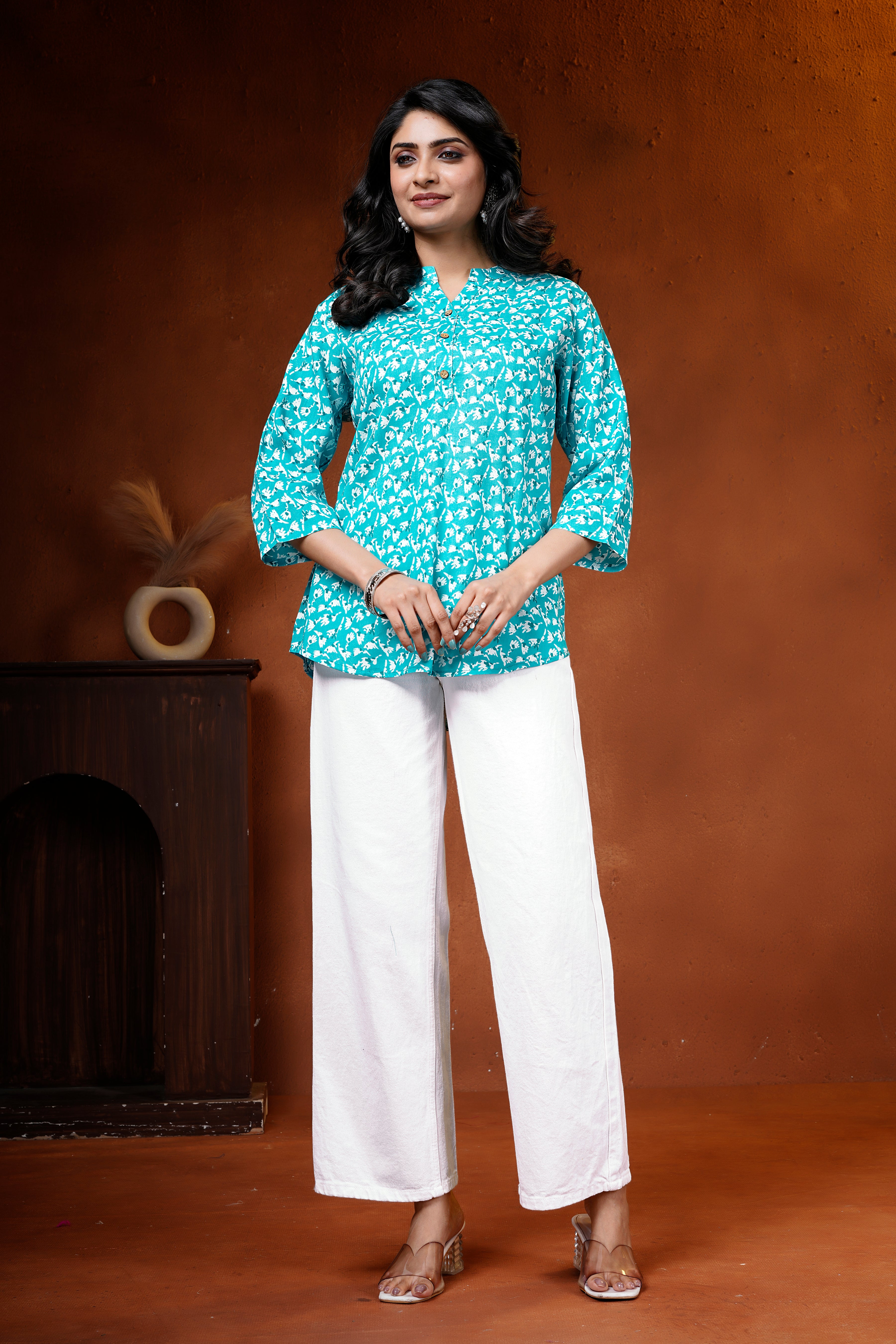 Aqua Blue Printed Cotton Short Kurti