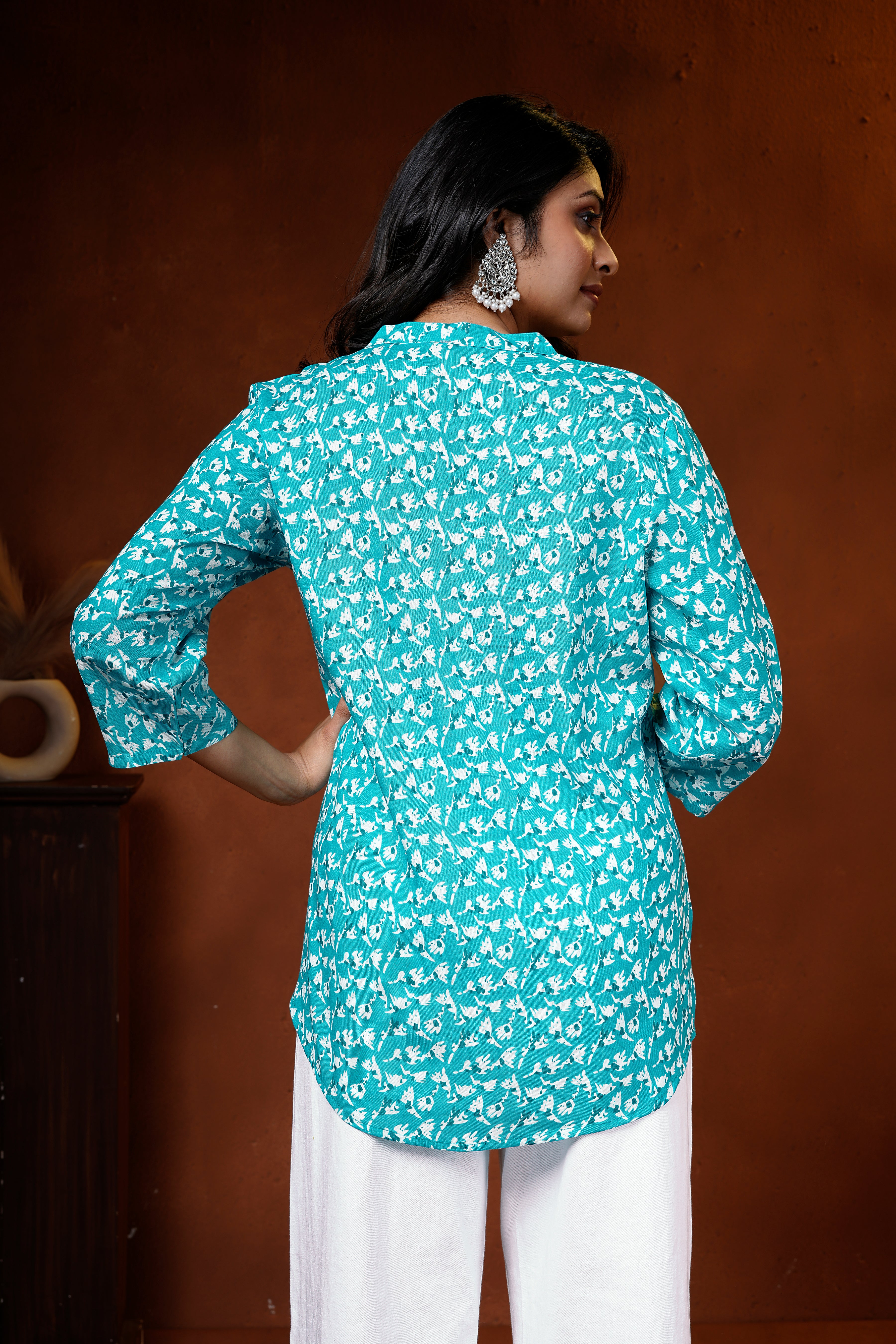 Aqua Blue Printed Cotton Short Kurti
