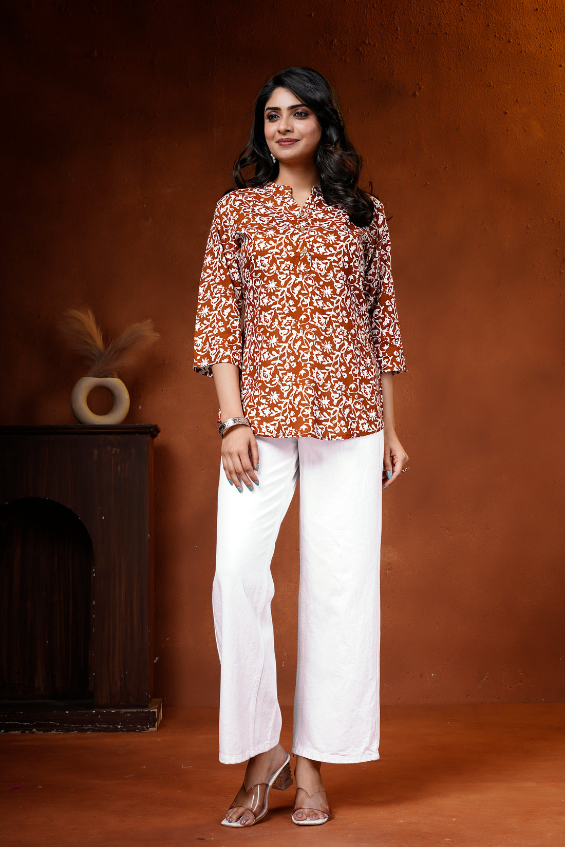 Brown Floral Cotton Short Kurti