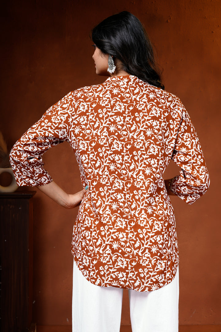 Brown Floral Cotton Short Kurti
