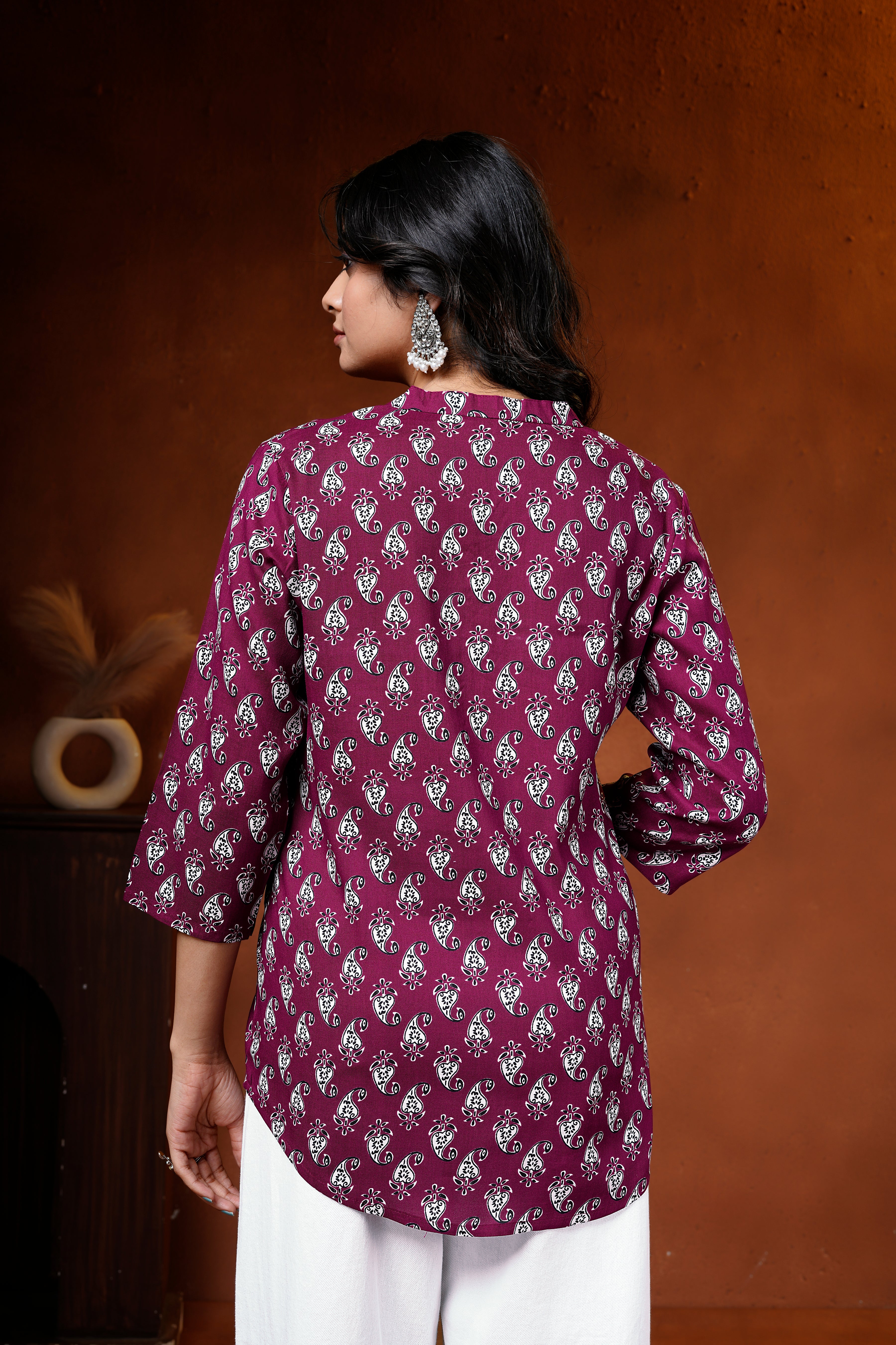 Wine Paisley Printed Cotton Short Kurti