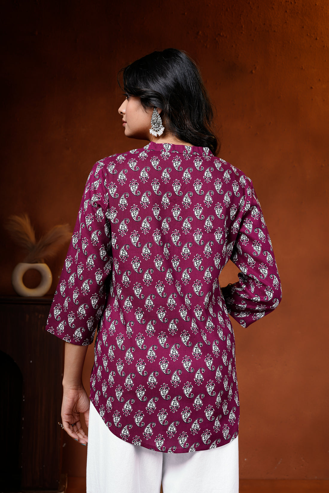Wine Paisley Printed Cotton Short Kurti