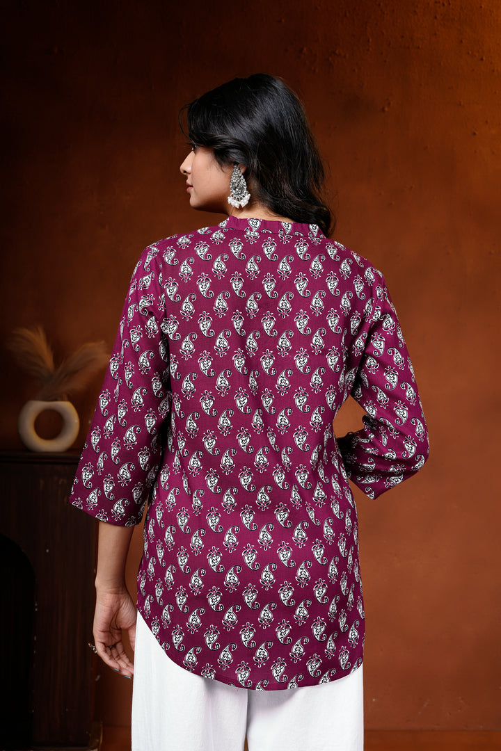 Wine Paisley Printed Cotton Short Kurti