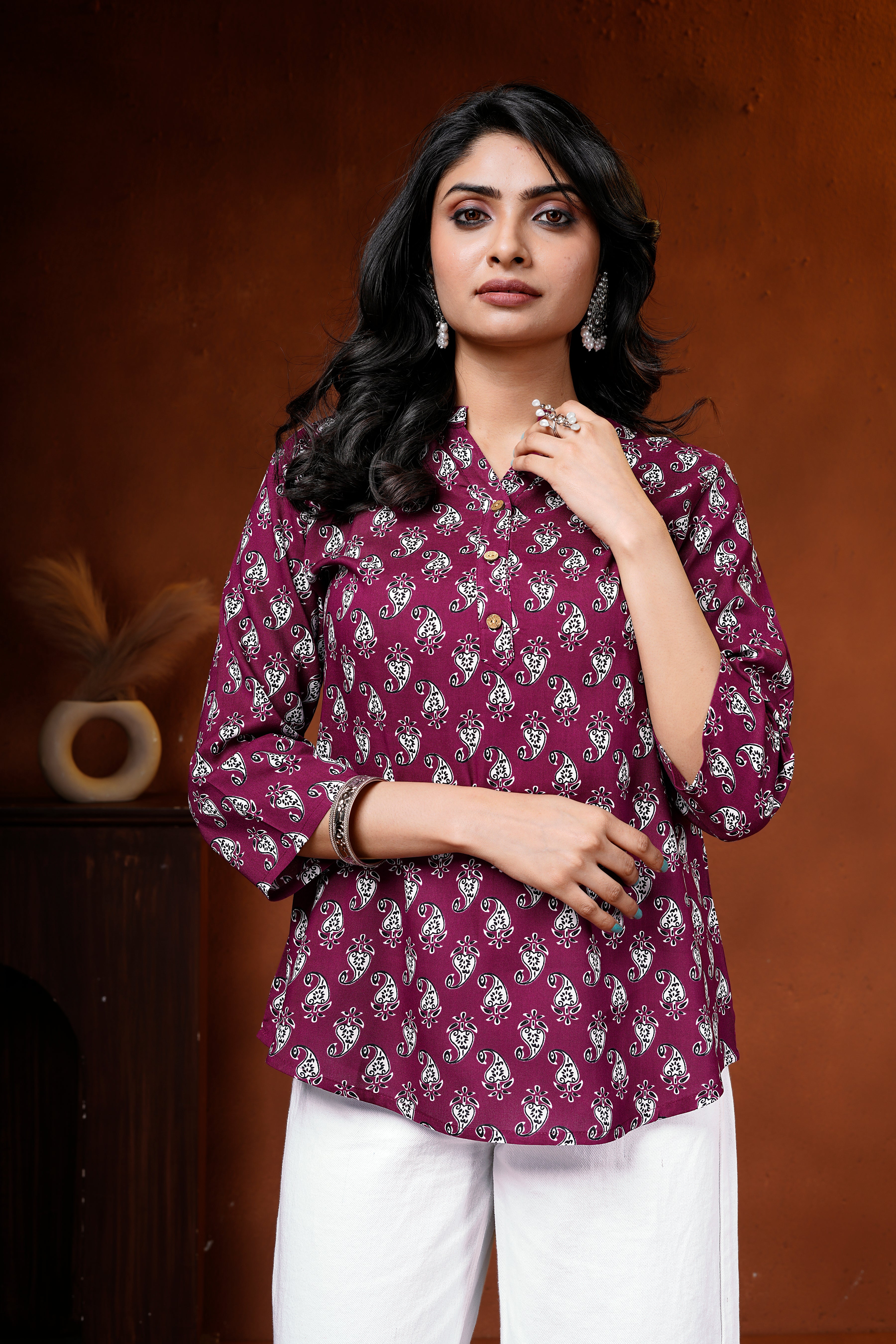 Wine Paisley Printed Cotton Short Kurti