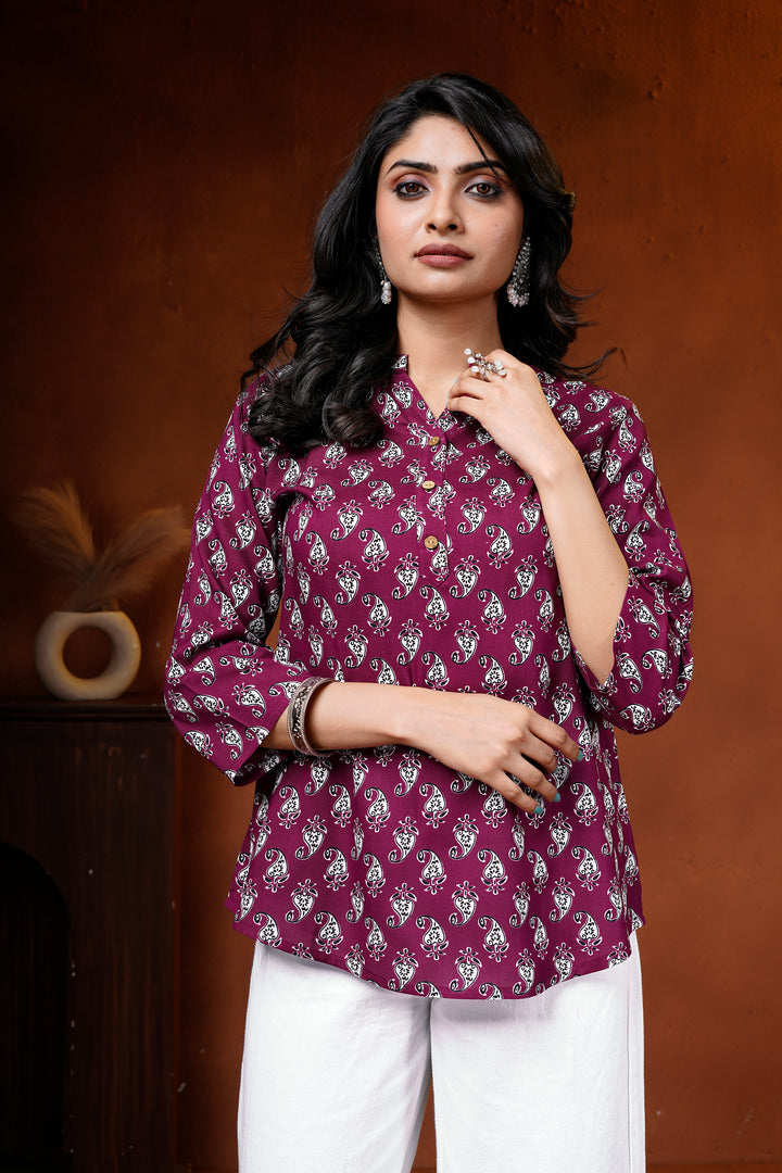 Wine Paisley Printed Cotton Short Kurti