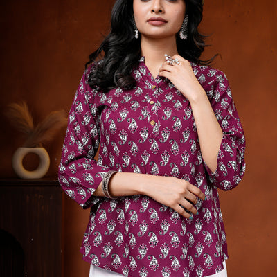Wine Paisley Printed Cotton Short Kurti