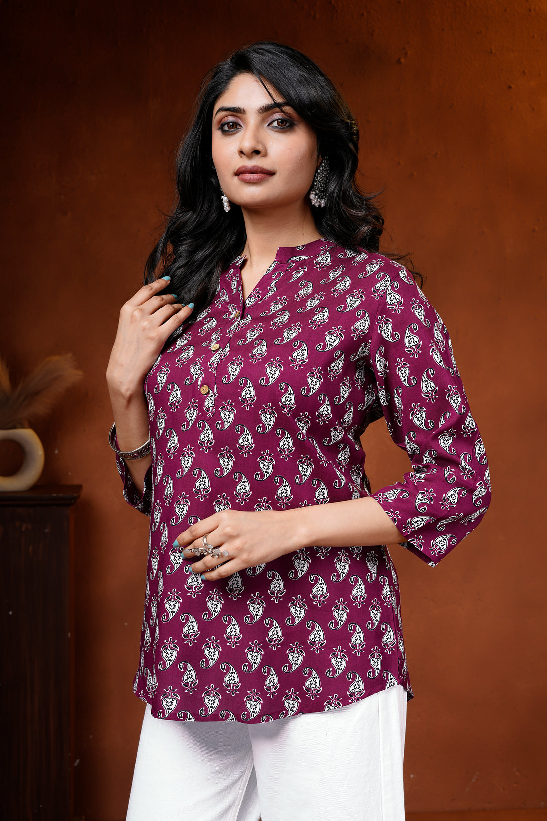 Wine Paisley Printed Cotton Short Kurti