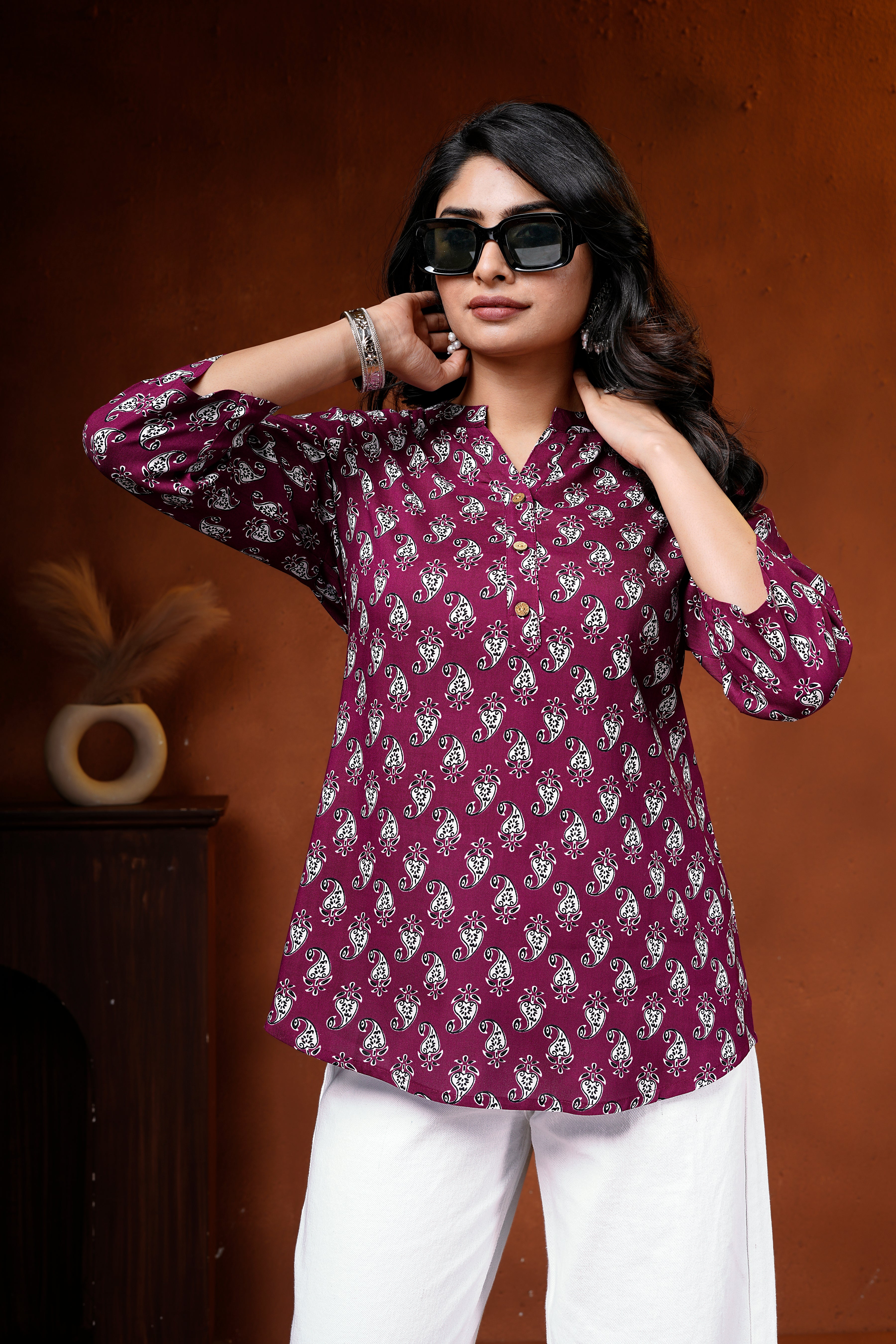 Wine Paisley Printed Cotton Short Kurti