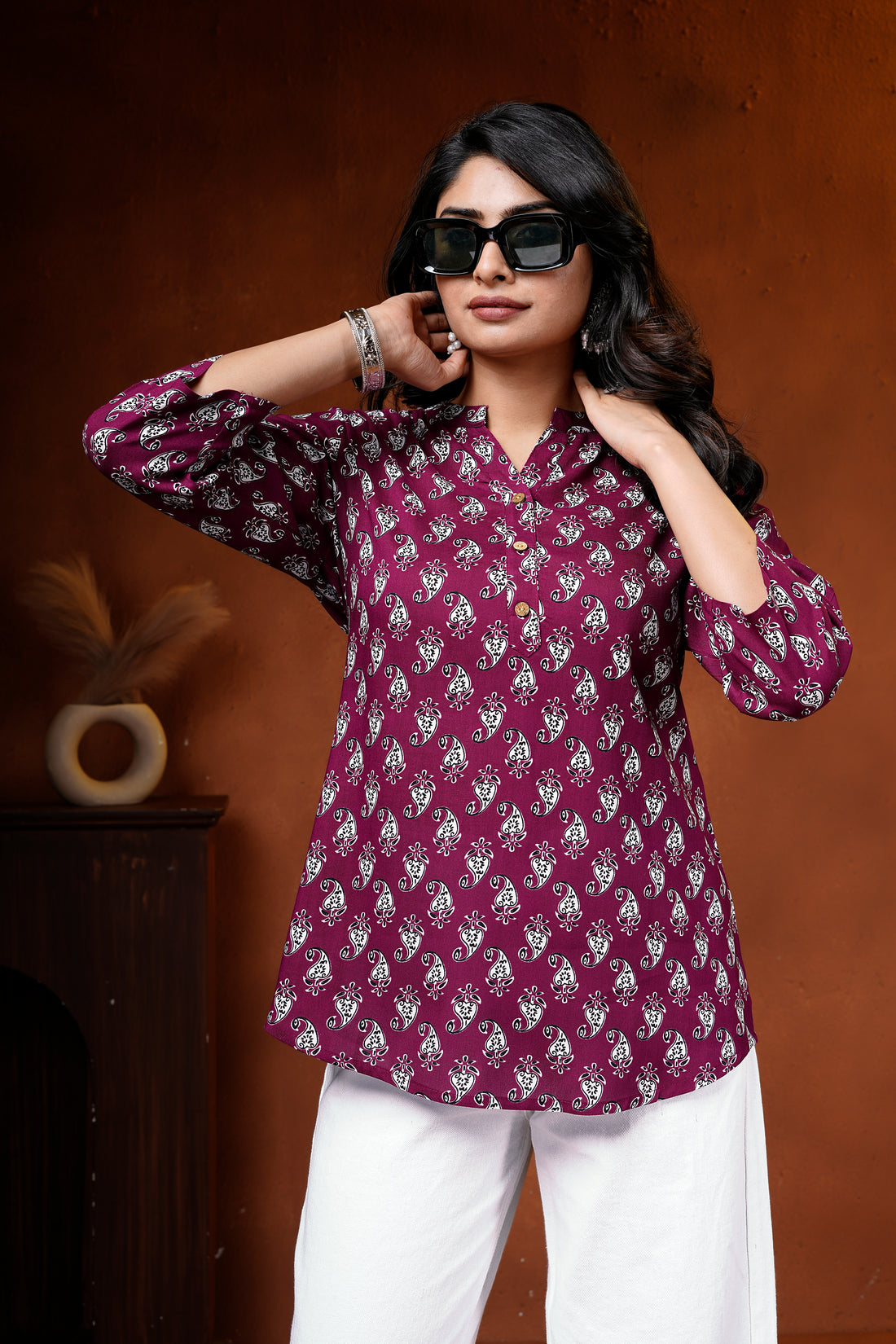 Wine Paisley Printed Cotton Short Kurti