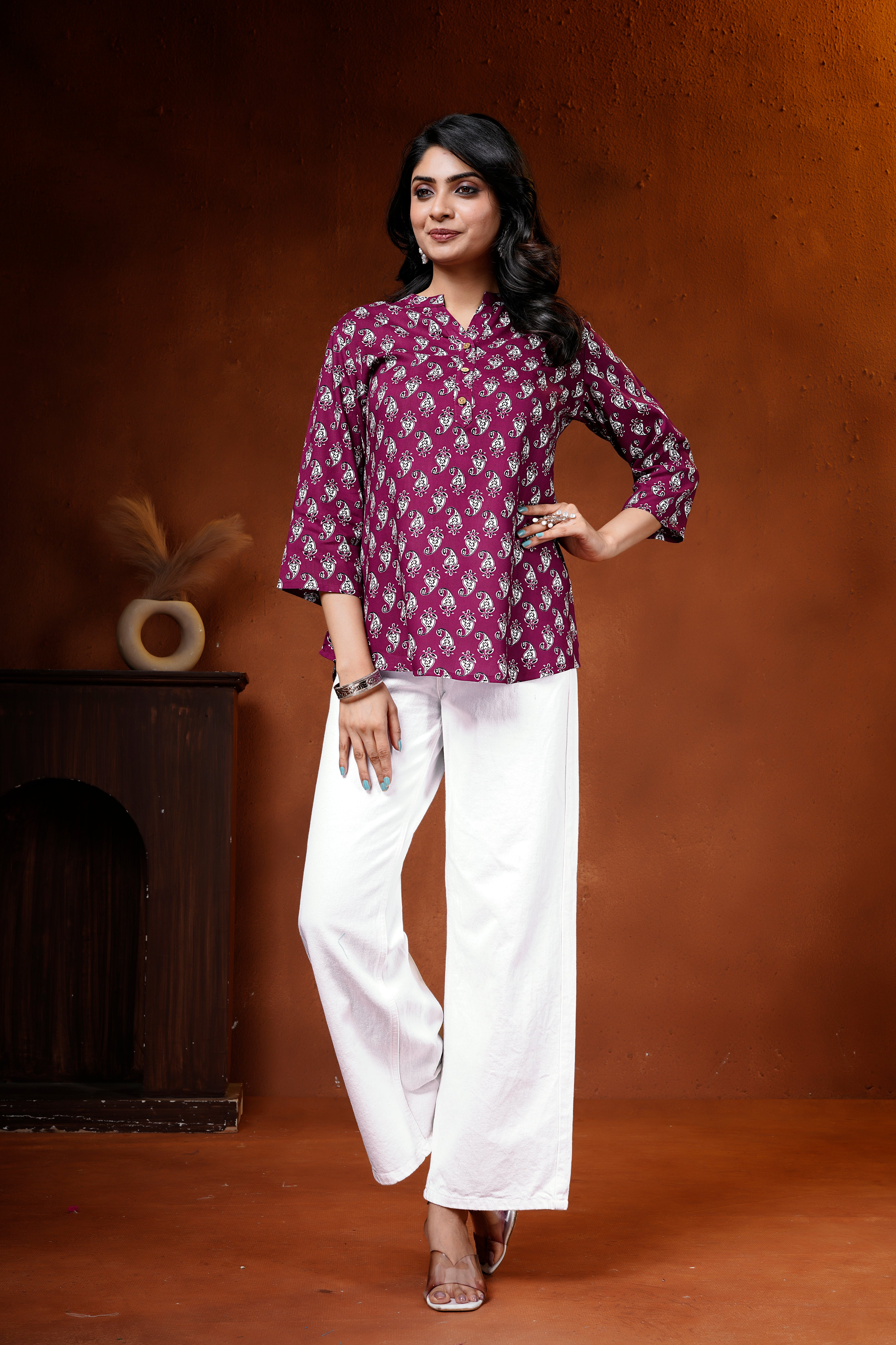 Wine Paisley Printed Cotton Short Kurti