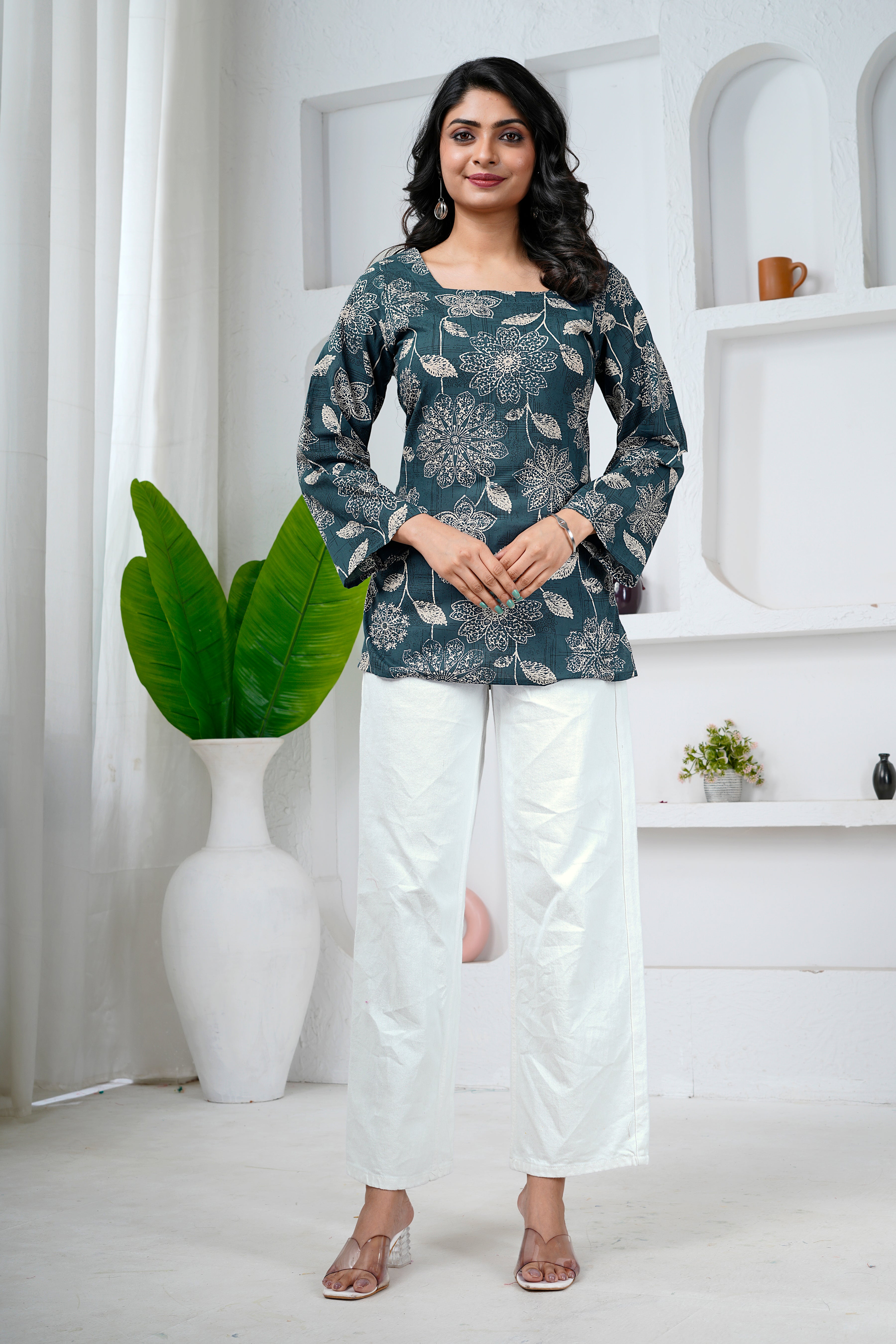 Floral Print Cotton Short Kurti