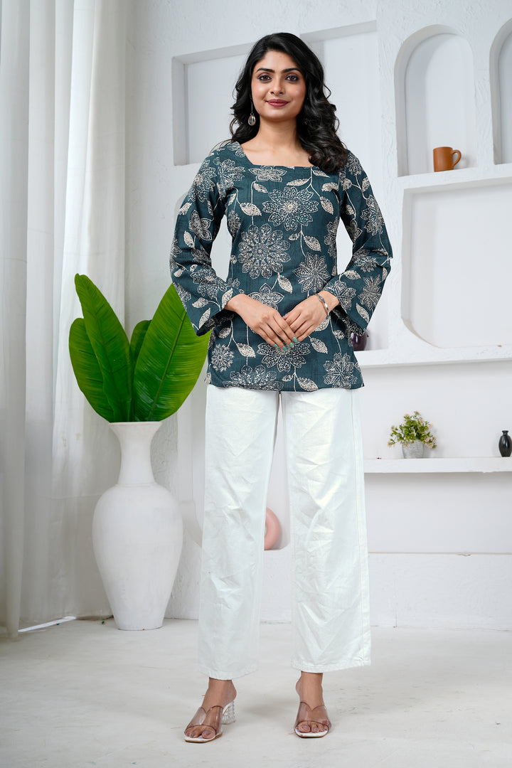 Floral Print Cotton Short Kurti