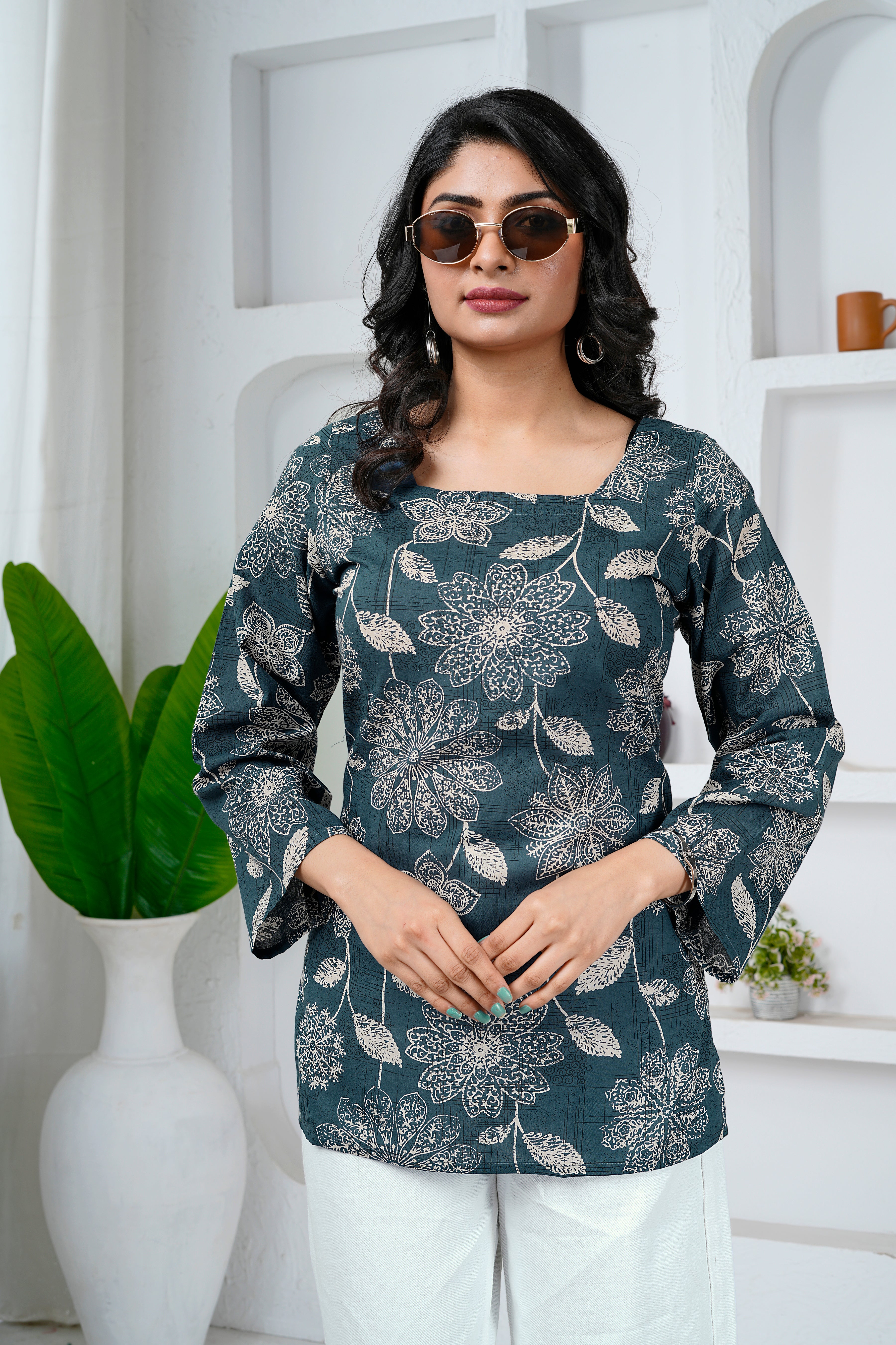 Floral Print Cotton Short Kurti