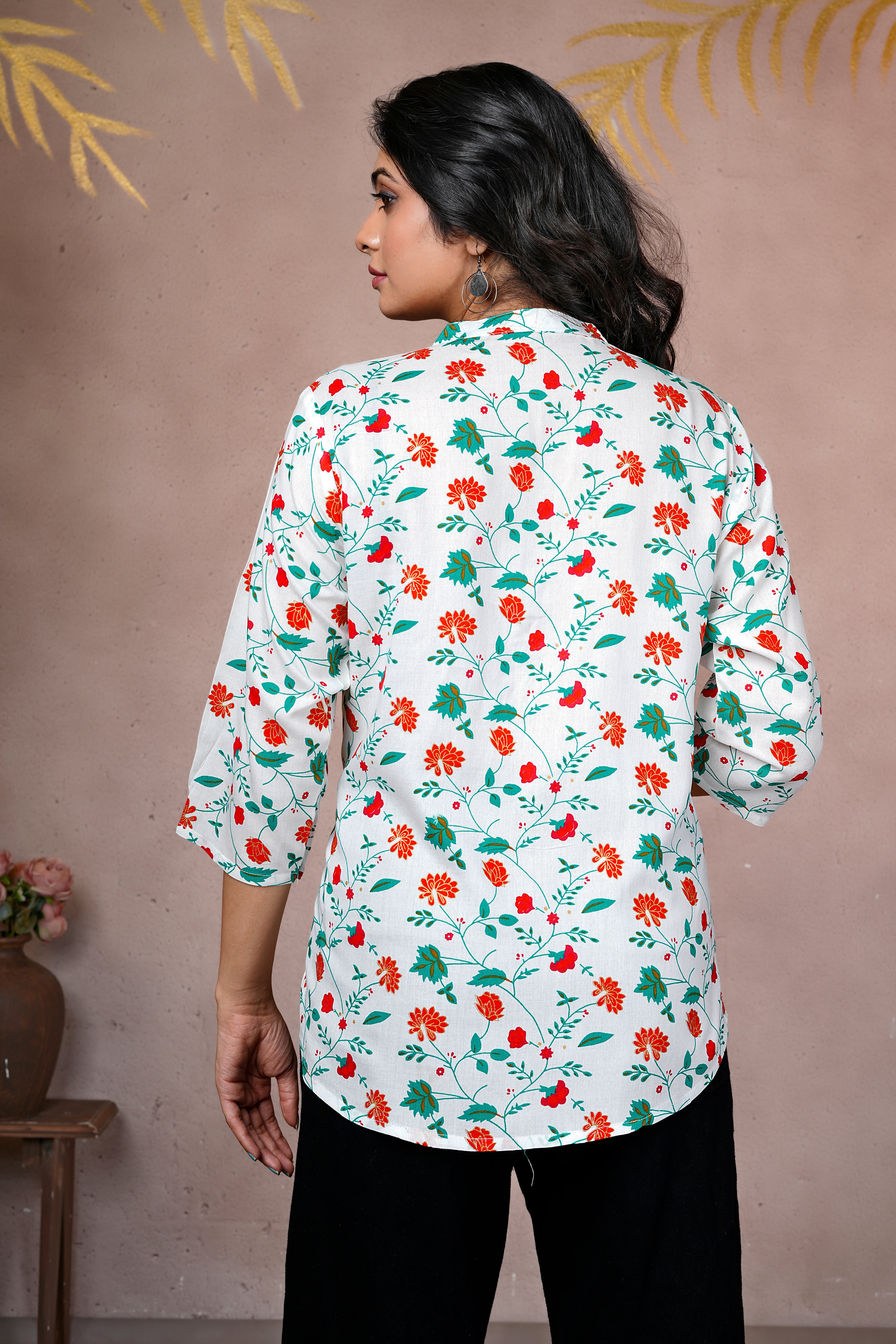 White Floral Printed Cotton Short Kurti