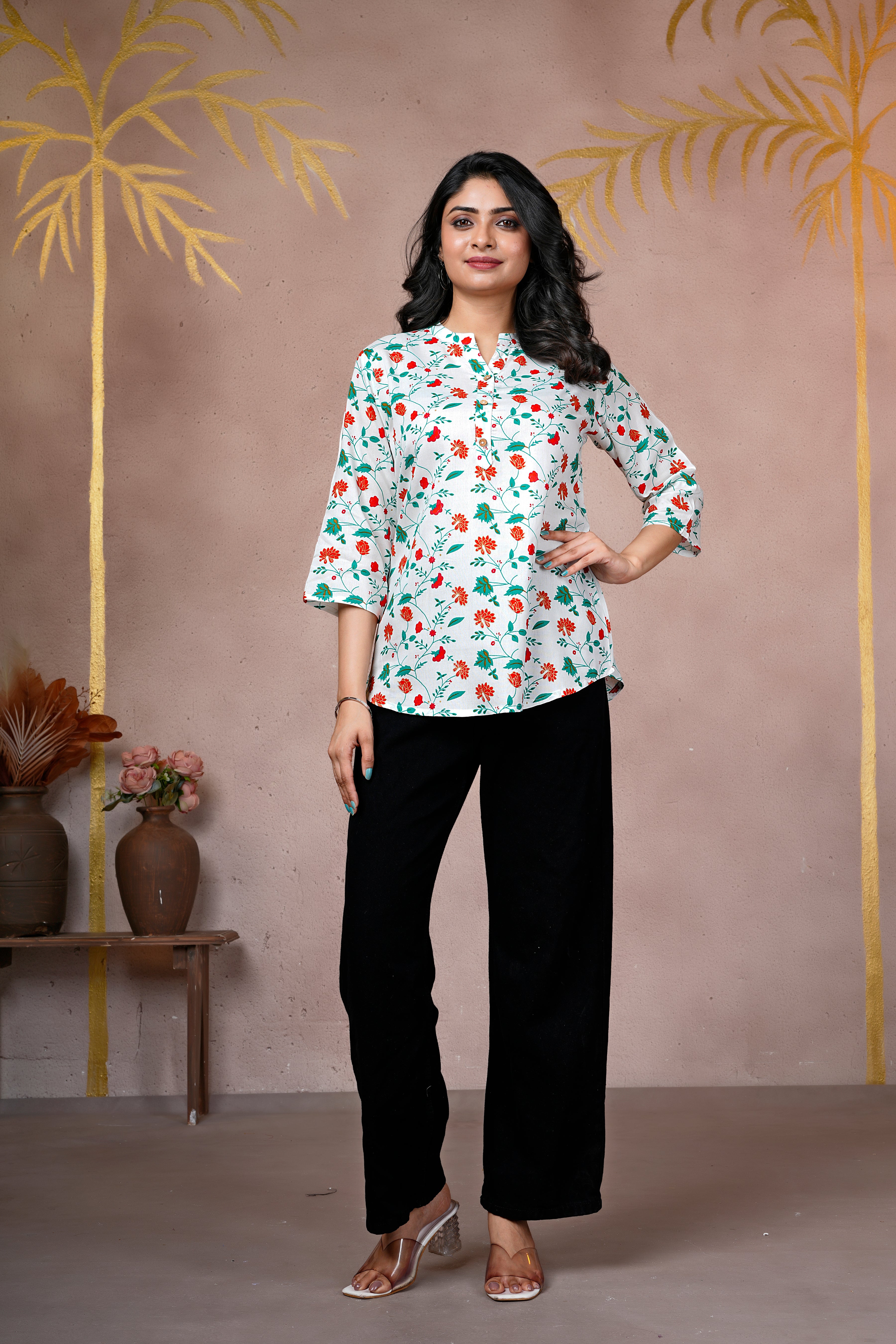 White Floral Printed Cotton Short Kurti
