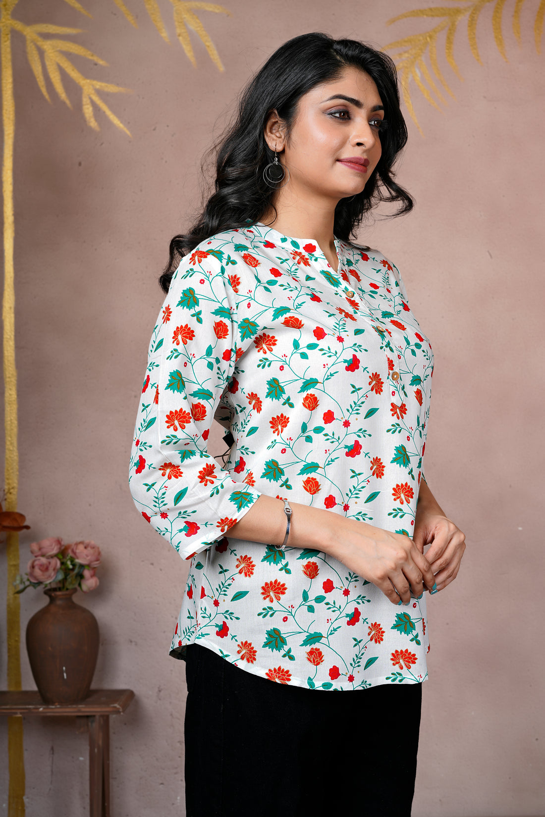 White Floral Printed Cotton Short Kurti