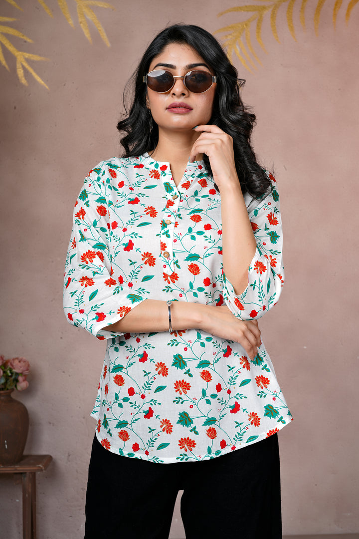 White Floral Printed Cotton Short Kurti