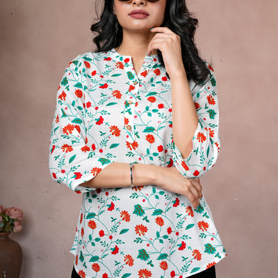 White Floral Printed Cotton Short Kurti