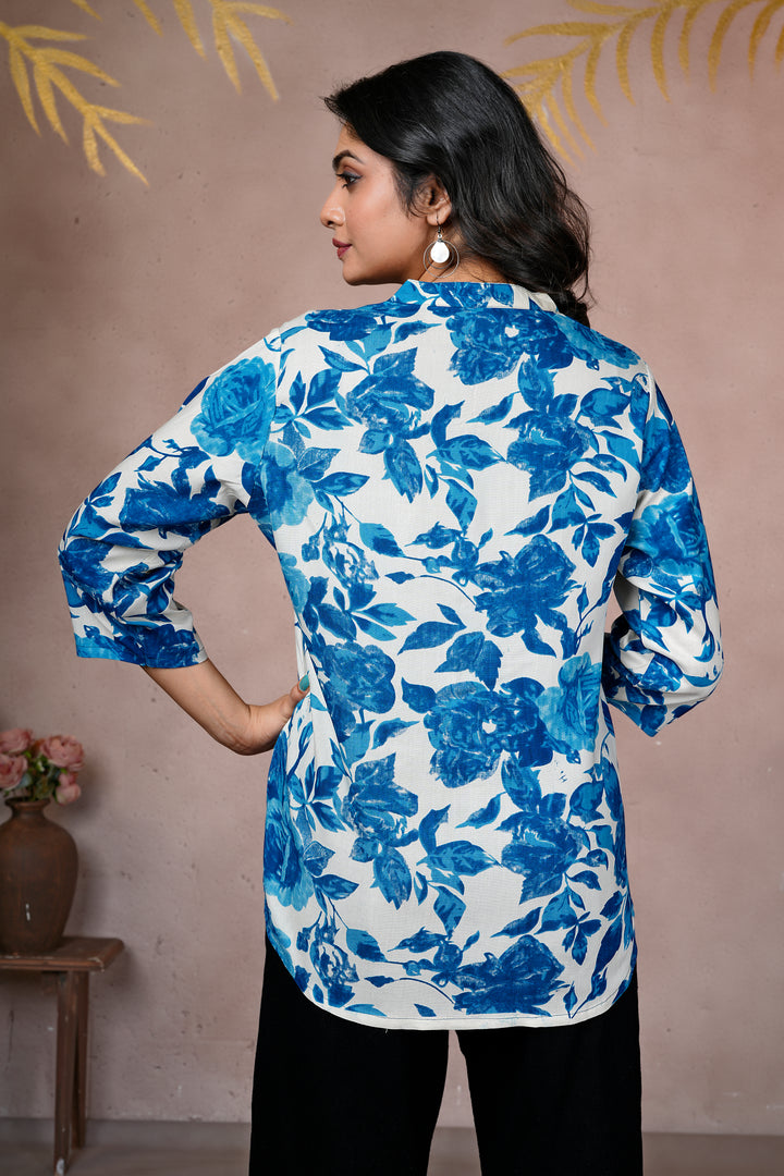 Azure Bloom Cotton Short Kurti