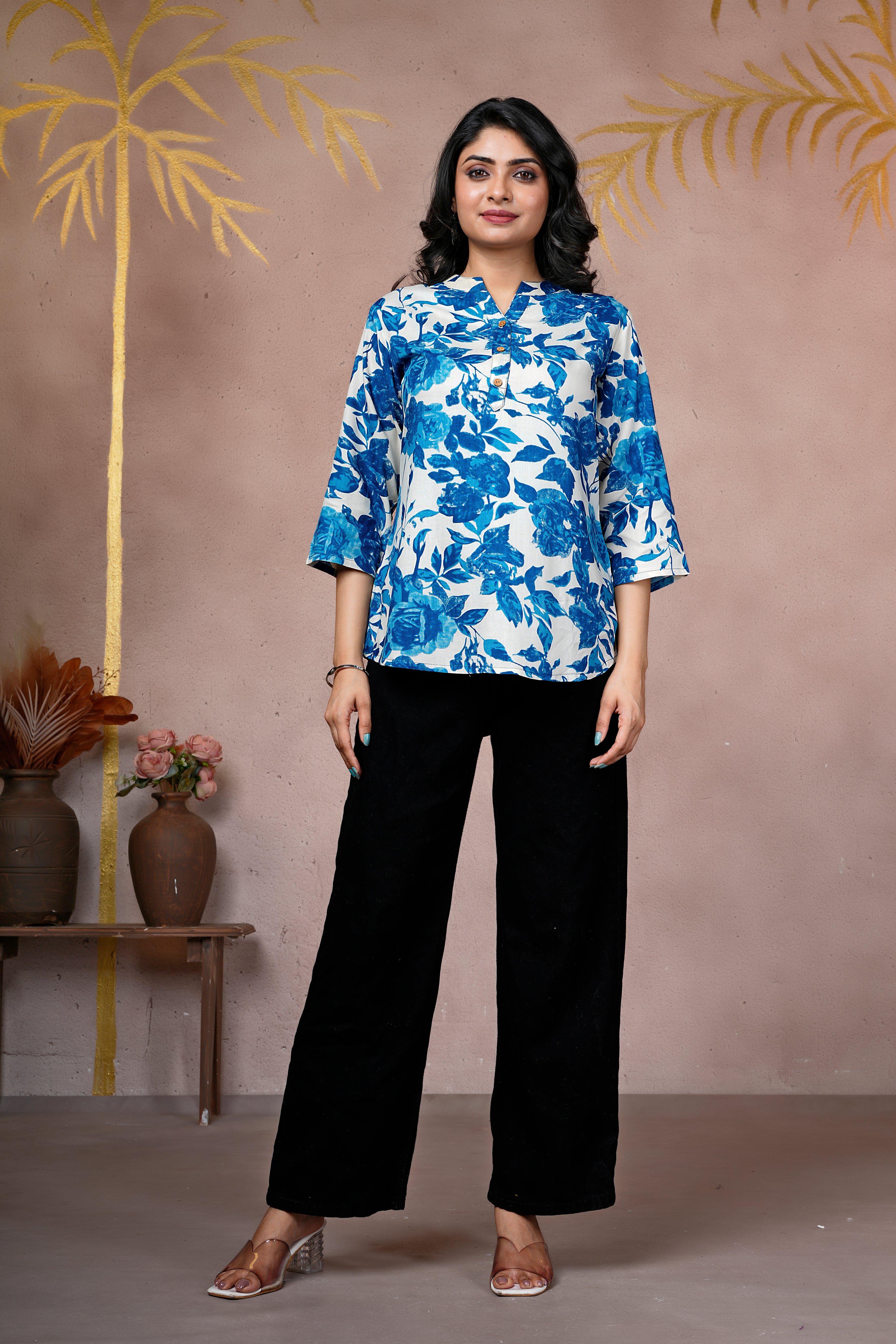 Azure Bloom Cotton Short Kurti