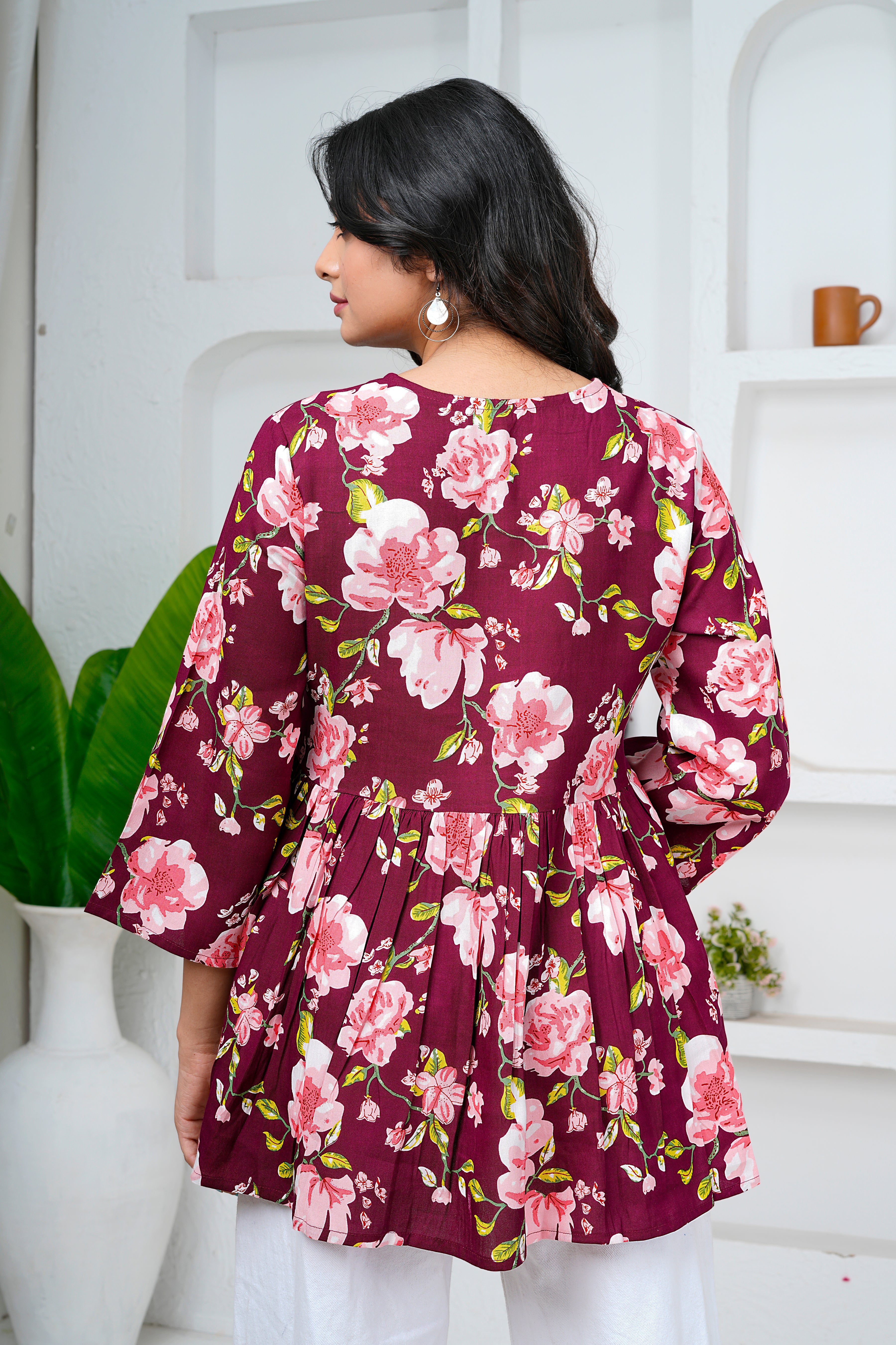 Wine Floral Print Cotton Short Kurti