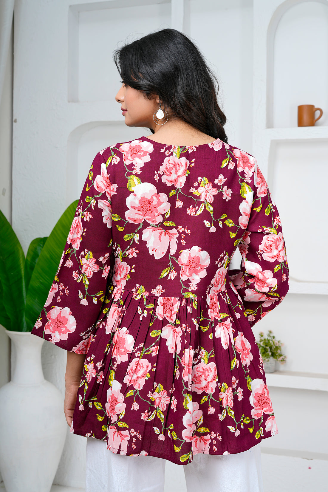 Wine Floral Print Cotton Short Kurti