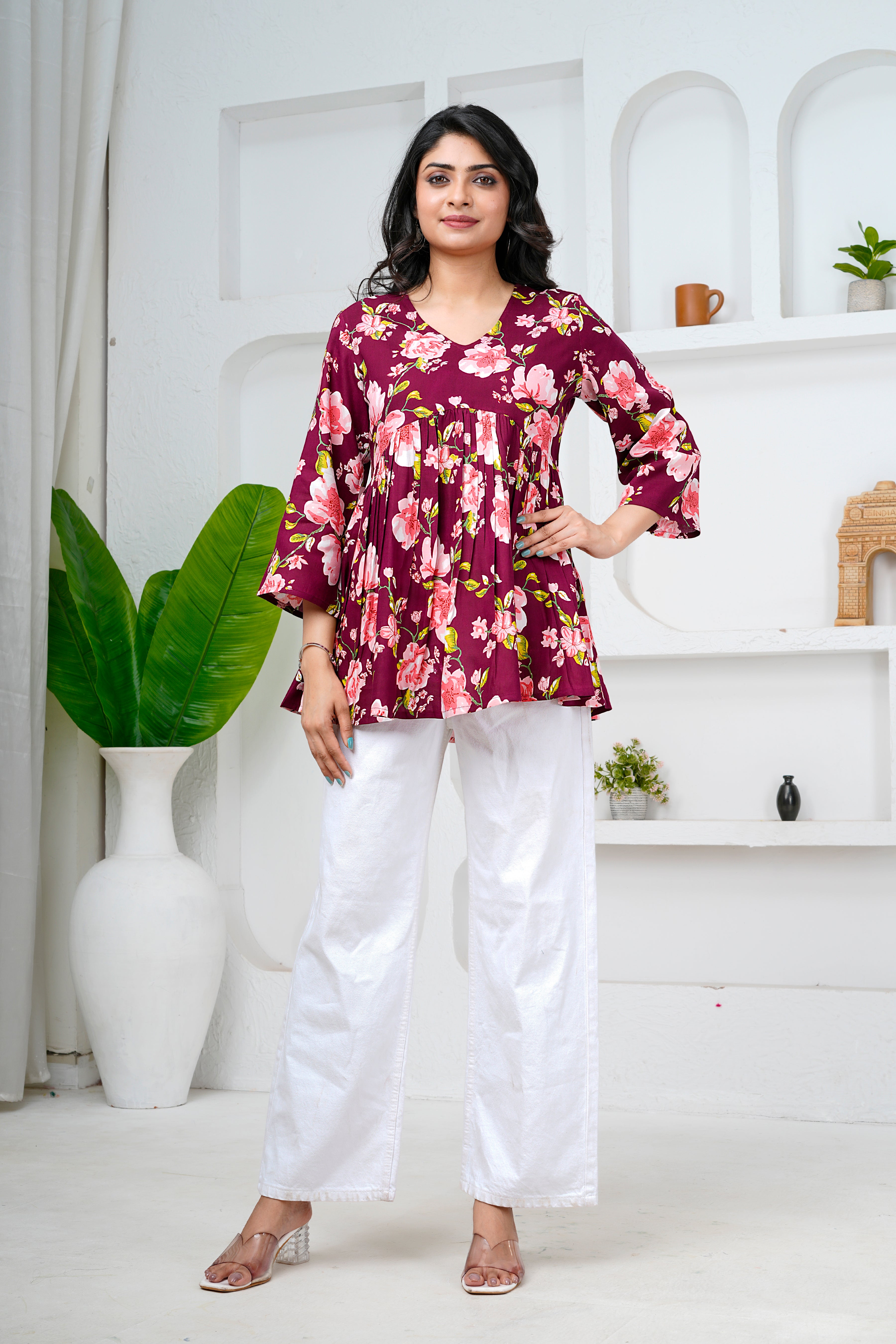 Wine Floral Print Cotton Short Kurti