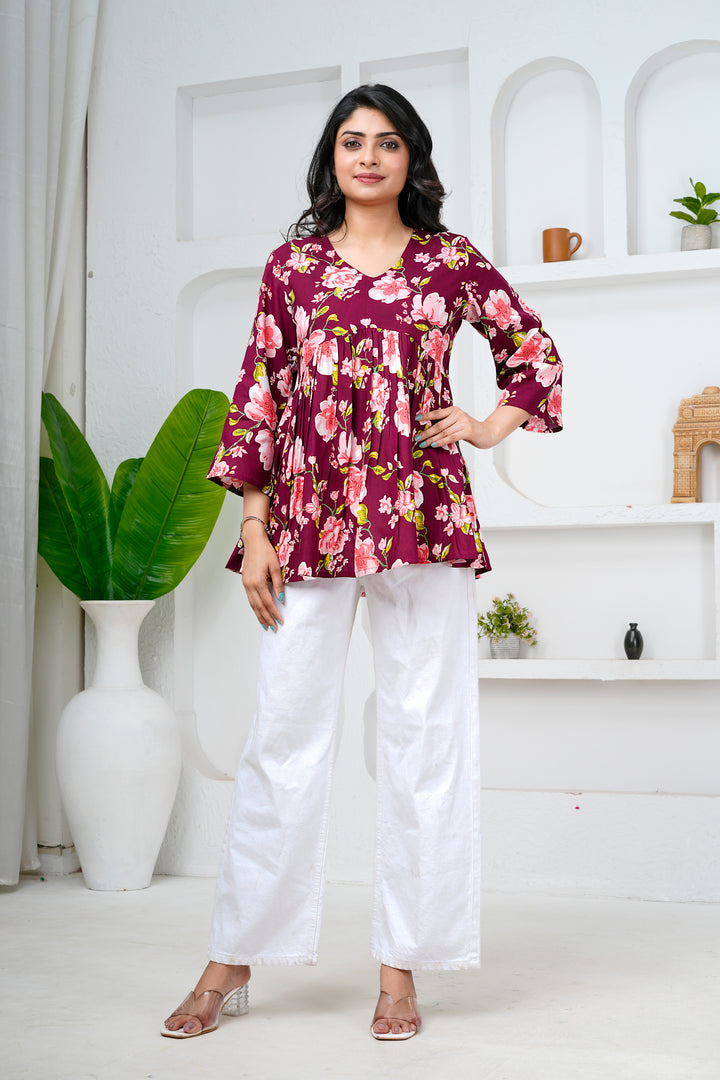 Wine Floral Print Cotton Short Kurti
