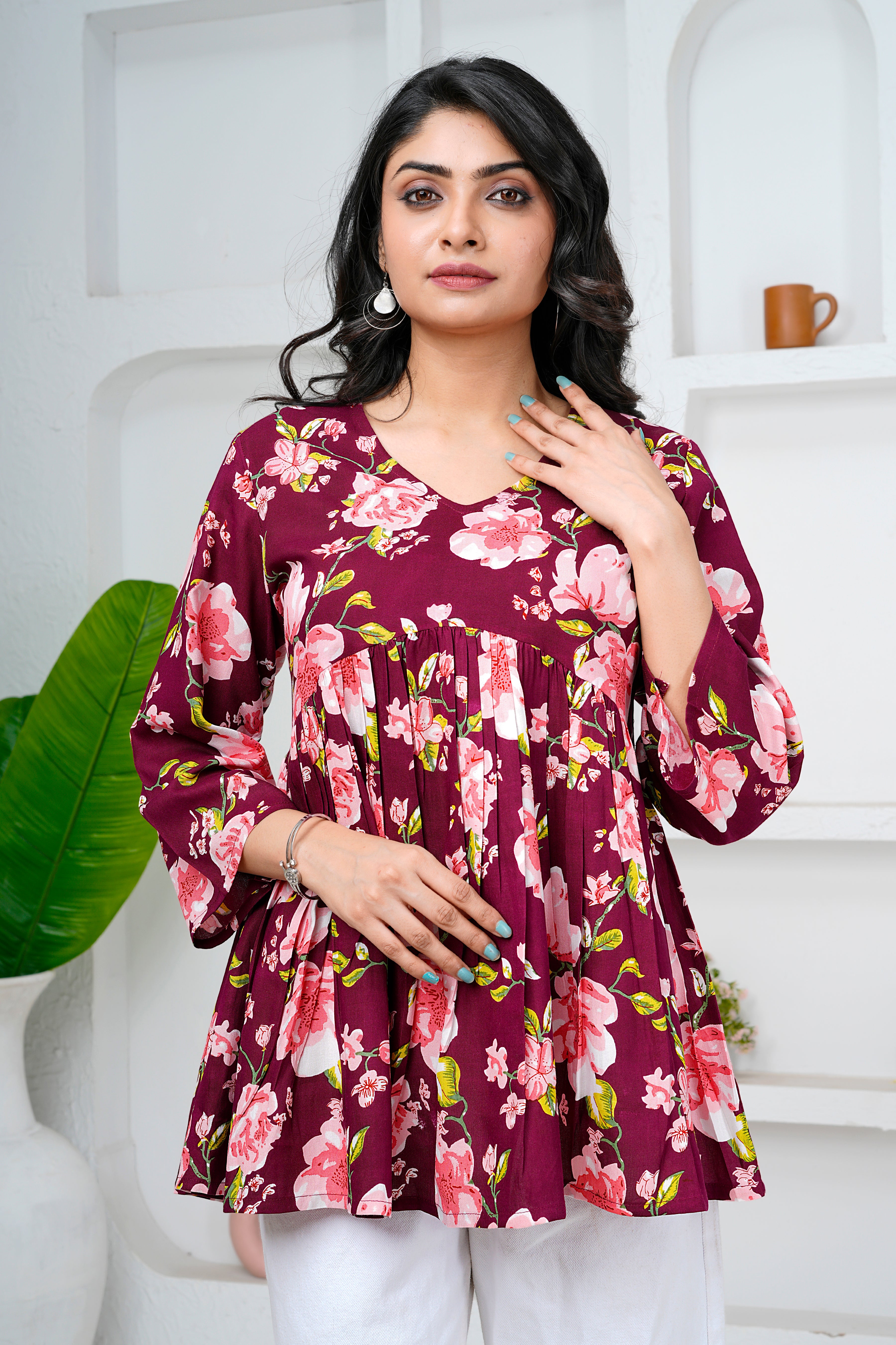 Wine Floral Print Cotton Short Kurti