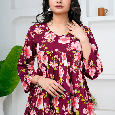Wine Floral Print Cotton Short Kurti