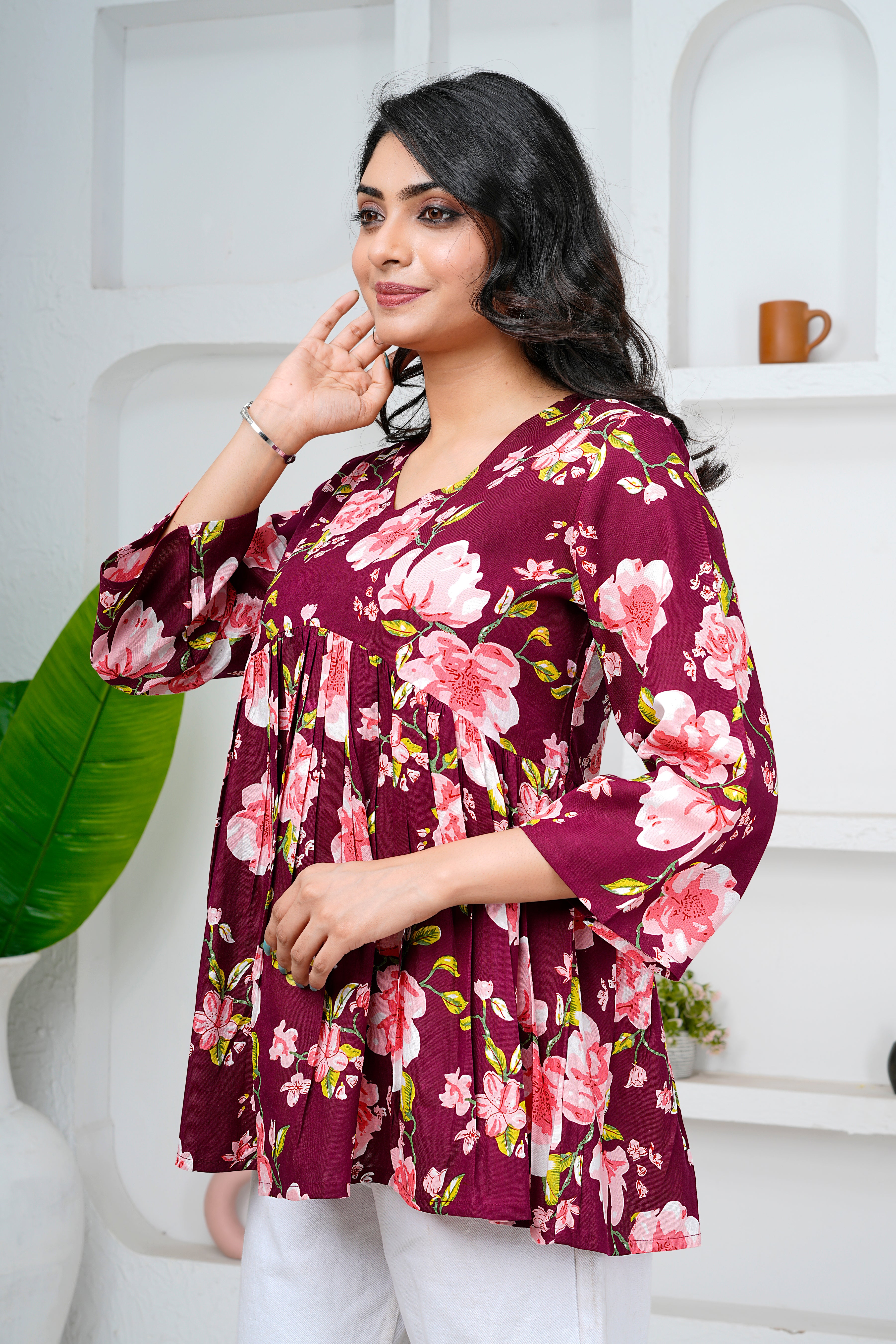 Wine Floral Print Cotton Short Kurti